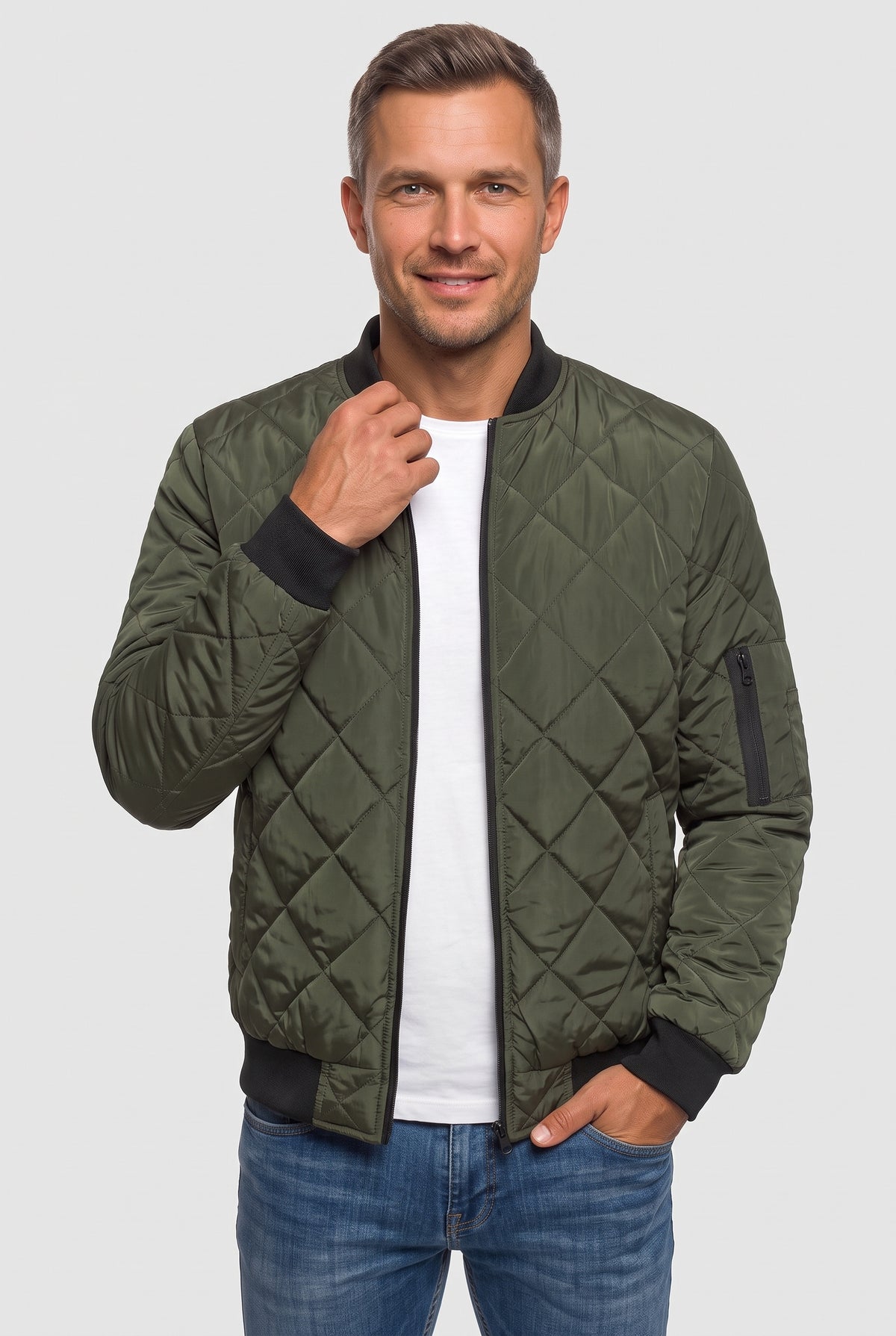 Men's Bomber Jacket | Diamond Quilted Zip-Up - Army Green