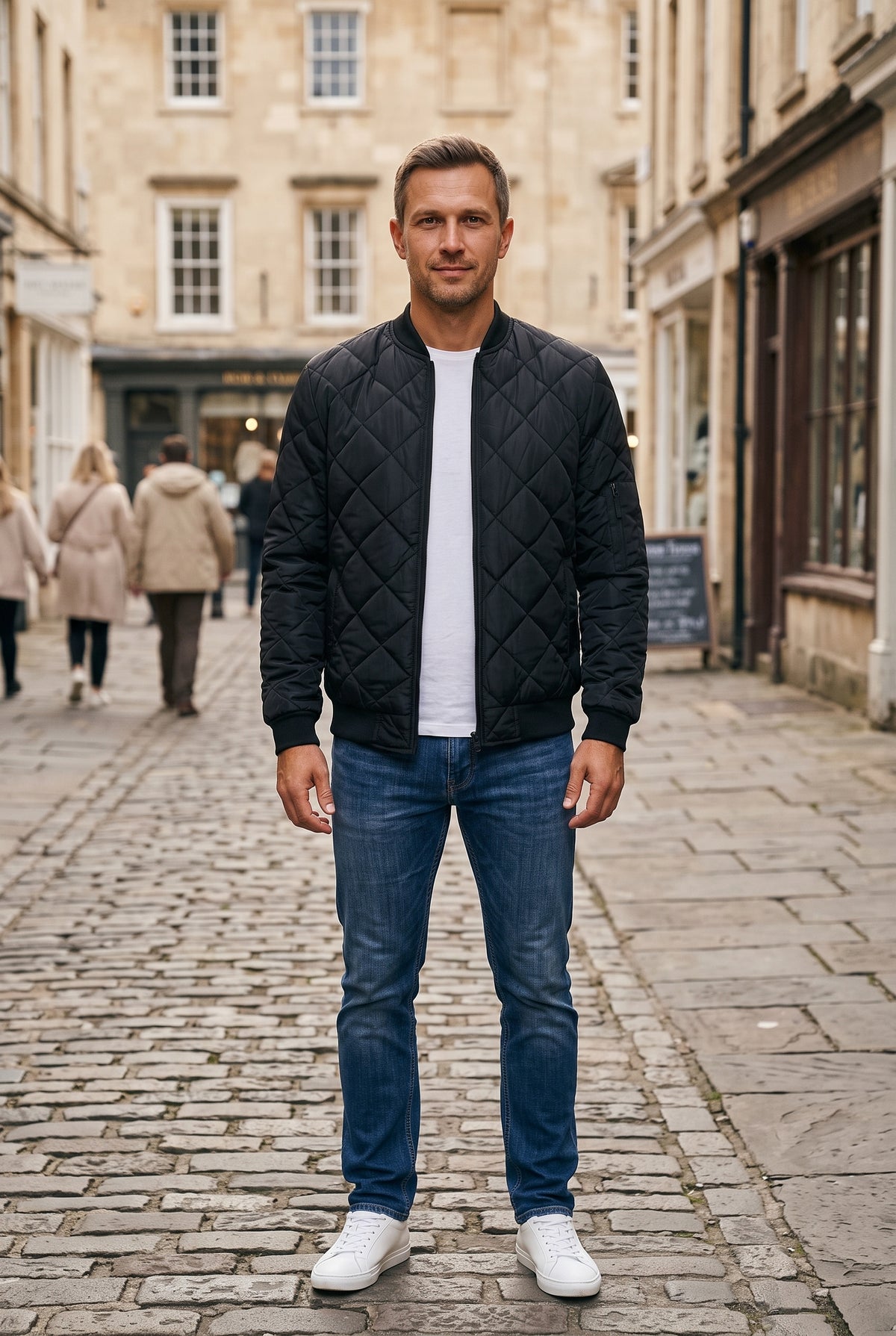 Men's Bomber Jacket | Diamond Quilted Zip-Up - Black lifestyle