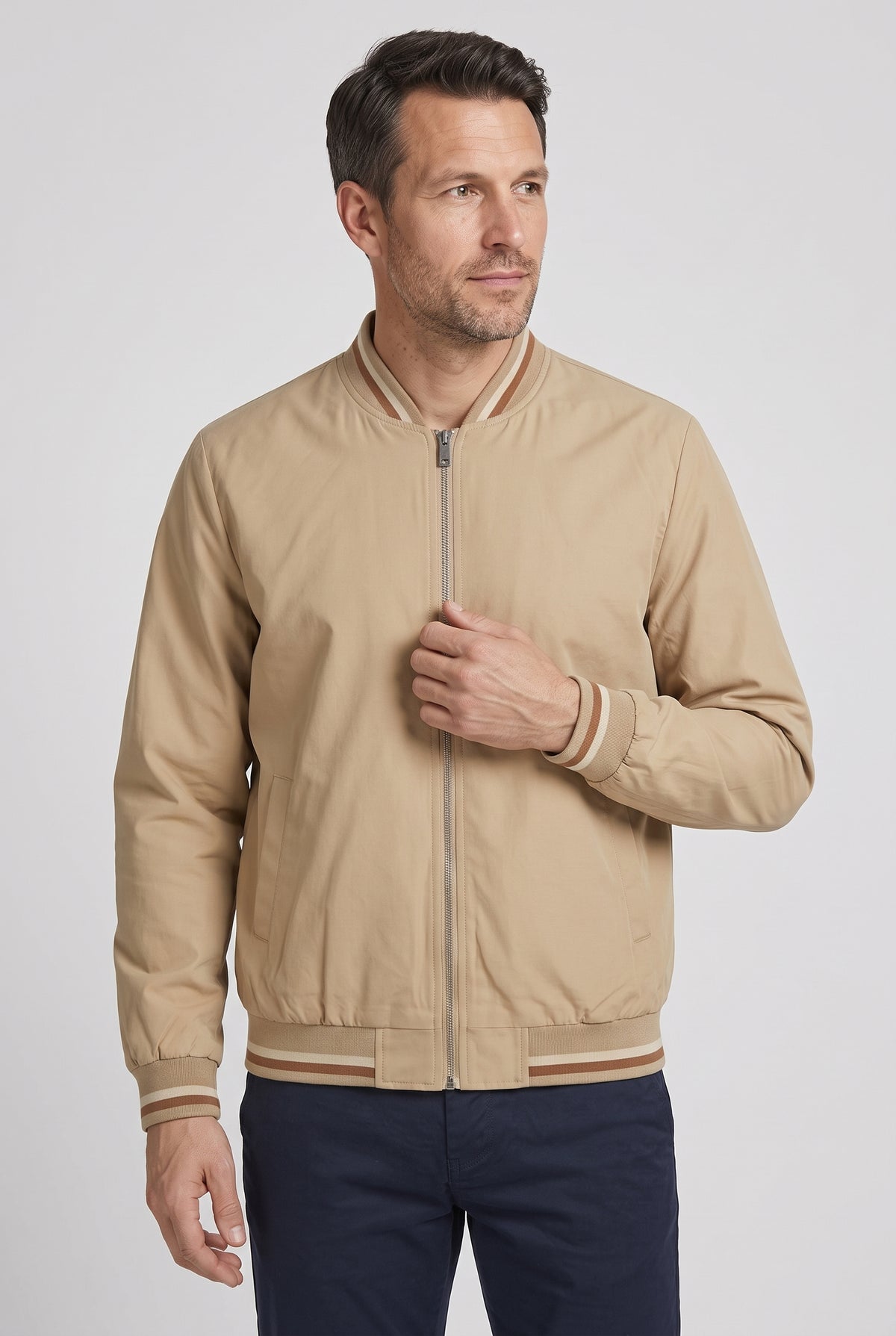 Men's Bomber Jacket | Tipped Rib Trim Zip-Up - Beige