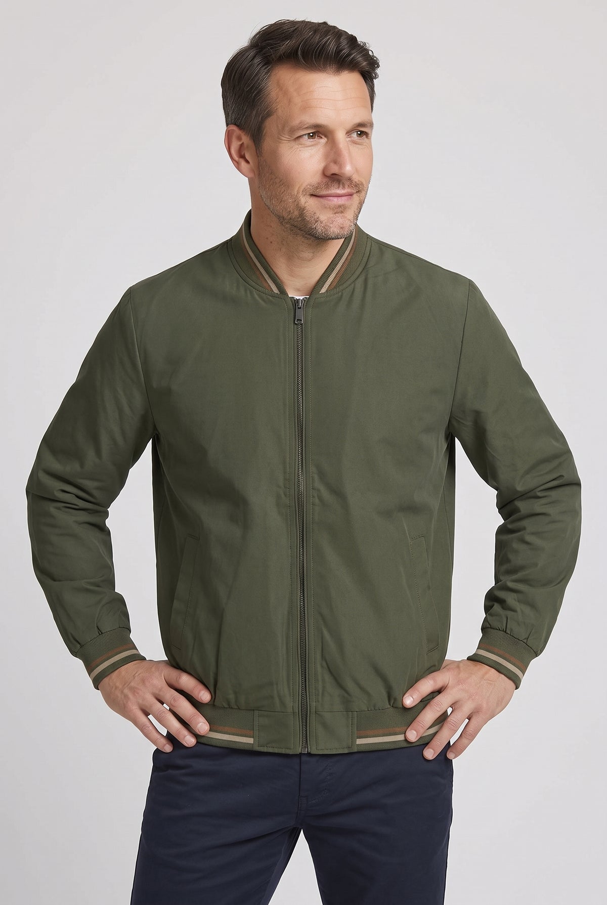 Men's Bomber Jacket | Tipped Rib Trim Zip-Up - Olive