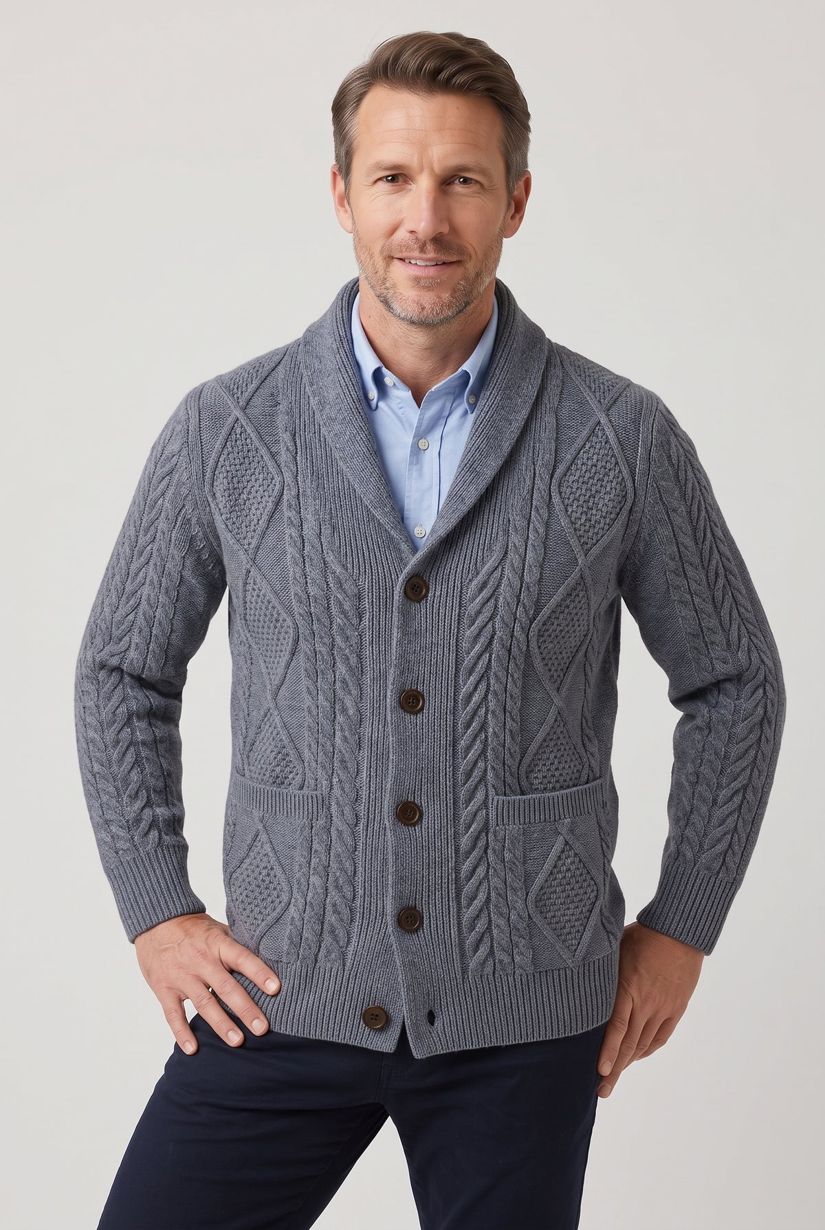 Men's Cardigan | Shawl Collar Cable Knit with Patch Pockets - Grey