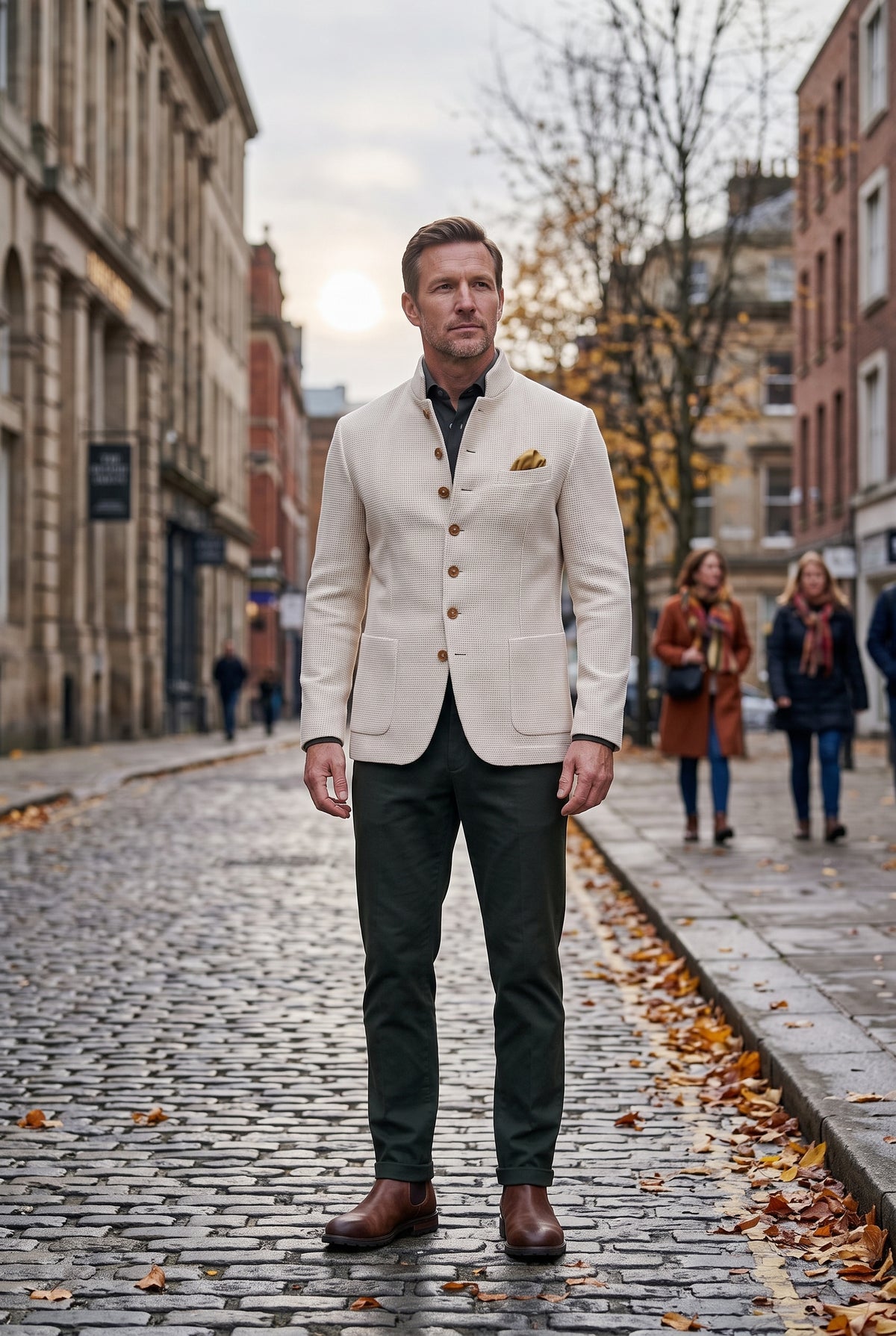 Men's Cardigan | Textured Knit with Stand Collar - White lifestyle