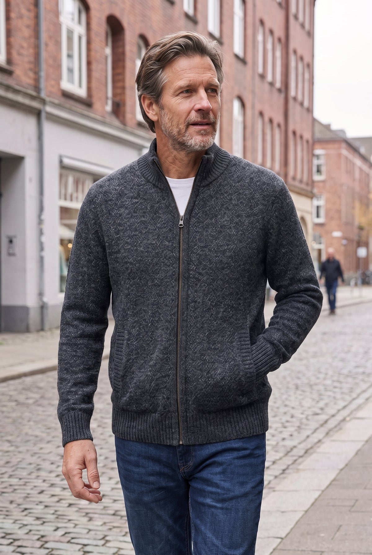 Men's Cardigan | Zip-Through with Stand Collar - Charcoal lifestyle