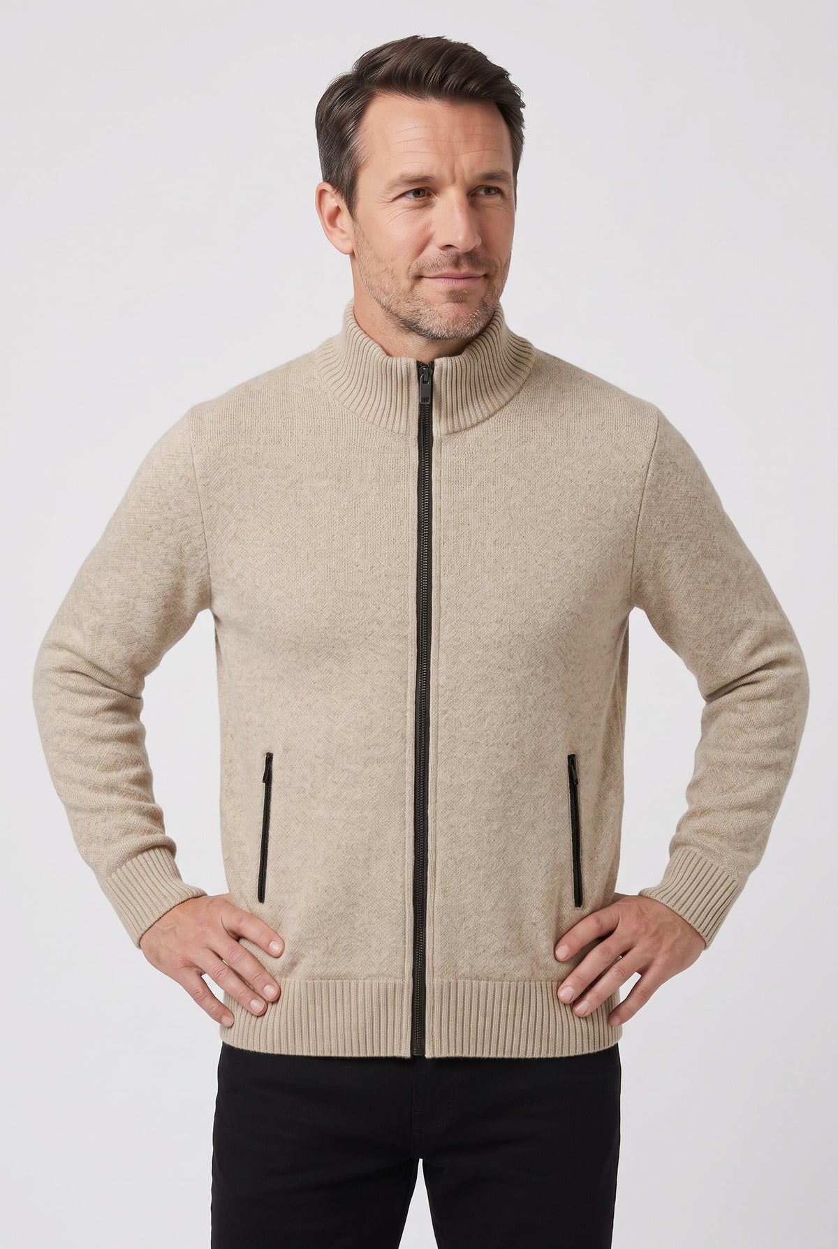 Men's Cardigan | Zip-Through with Stand Collar - Oatmeal