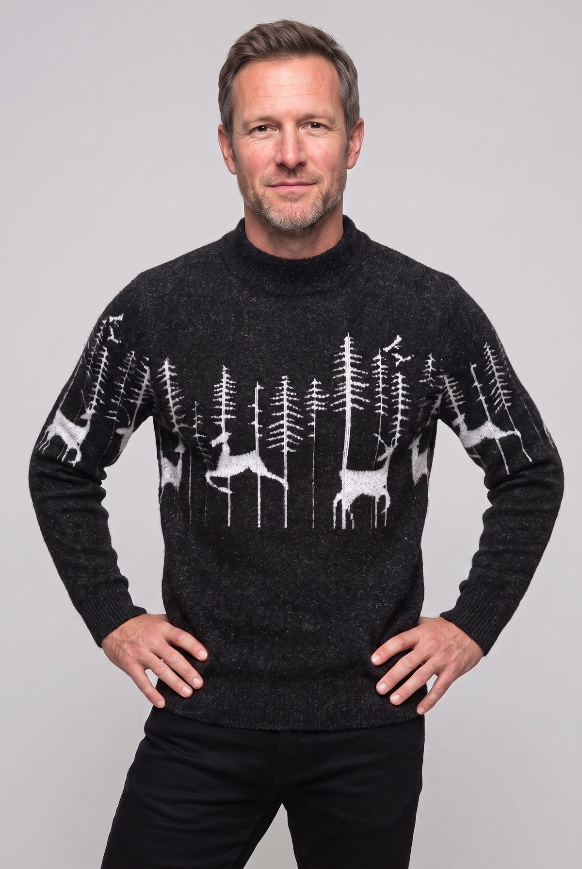 Men's Christmas Jumper | Reindeer and Forest Knit - Black