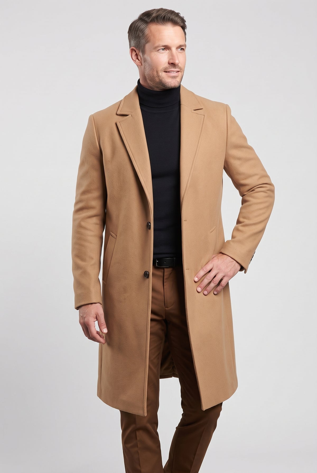 Men's Coat | Longline Single-Breasted Notch Lapel - Camel