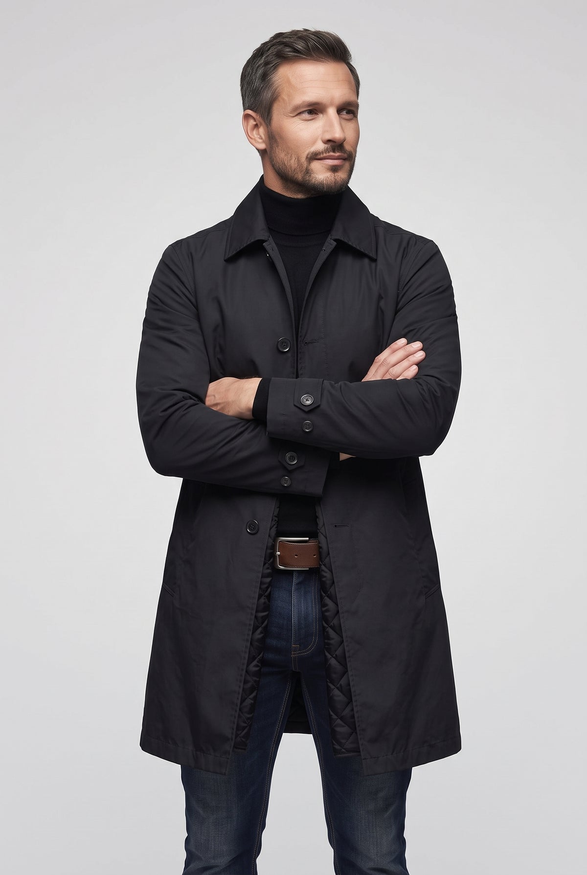 Men's Coat | Point Collar Mac with Quilted Lining - Black