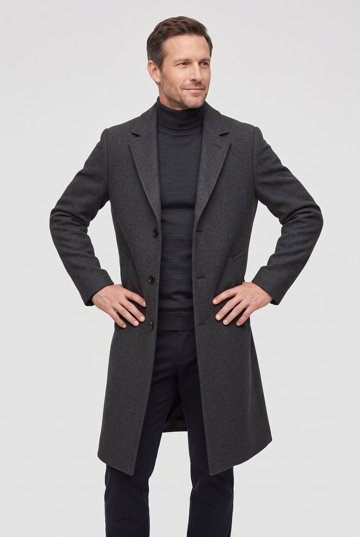 Men's Coat | Single-Breasted Long Overcoat - Charcoal