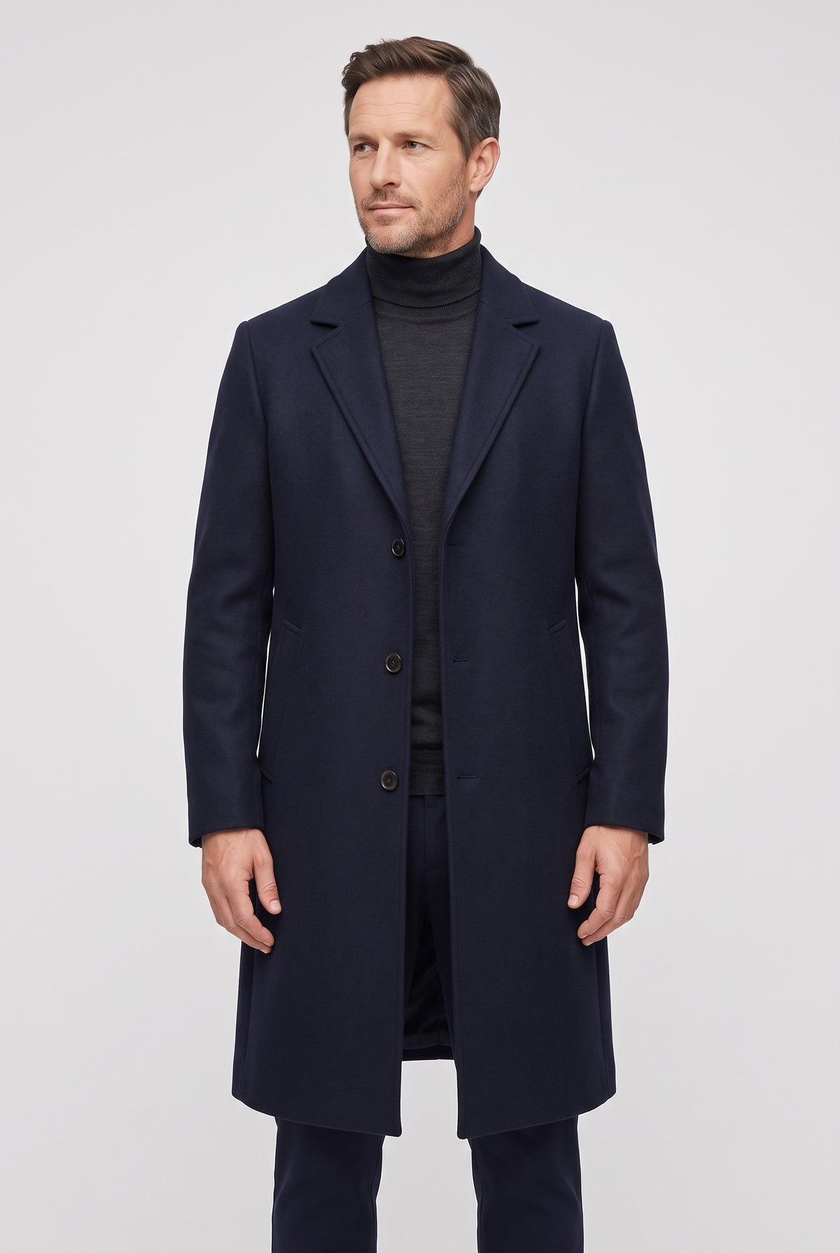 Men's Coat | Single-Breasted Long Overcoat - Navy