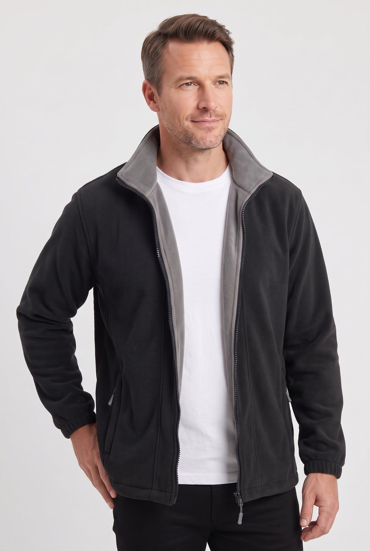 Men's Fleece Jacket | Stand Collar with Contrast Lining - Black