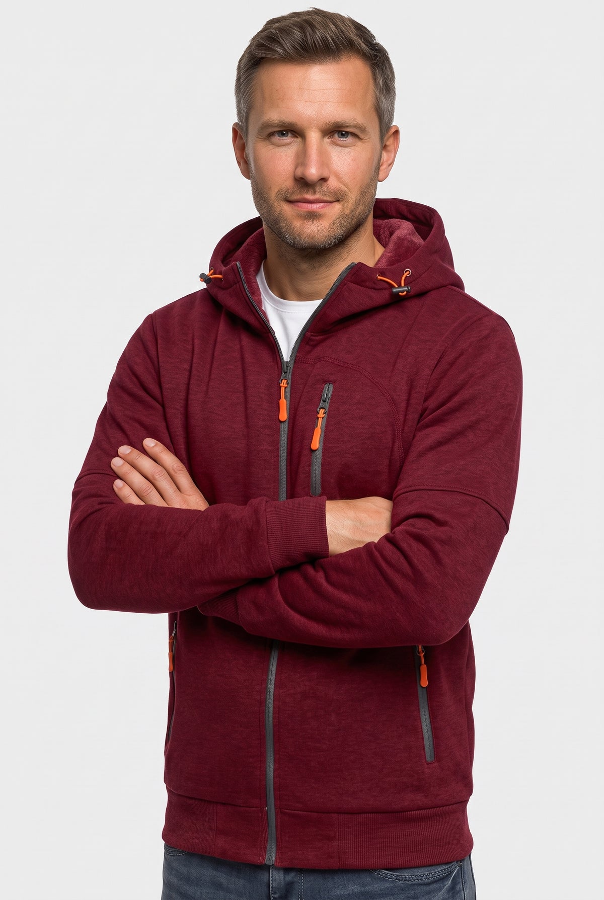 Men's Hoodie | Full Zip with Contrast Pocket Trims - Burgundy