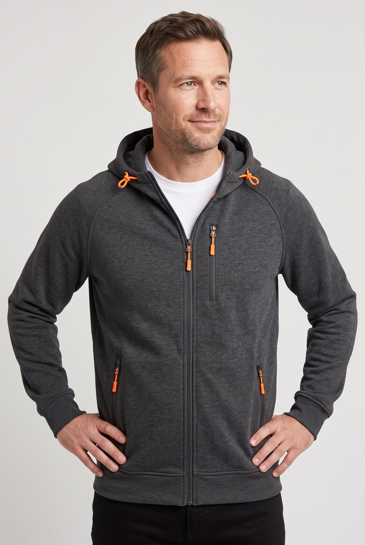 Men's Hoodie | Full Zip with Contrast Pocket Trims - Dark Grey