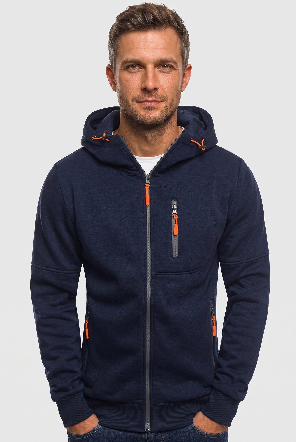 Men's Hoodie | Full Zip with Contrast Pocket Trims - Navy