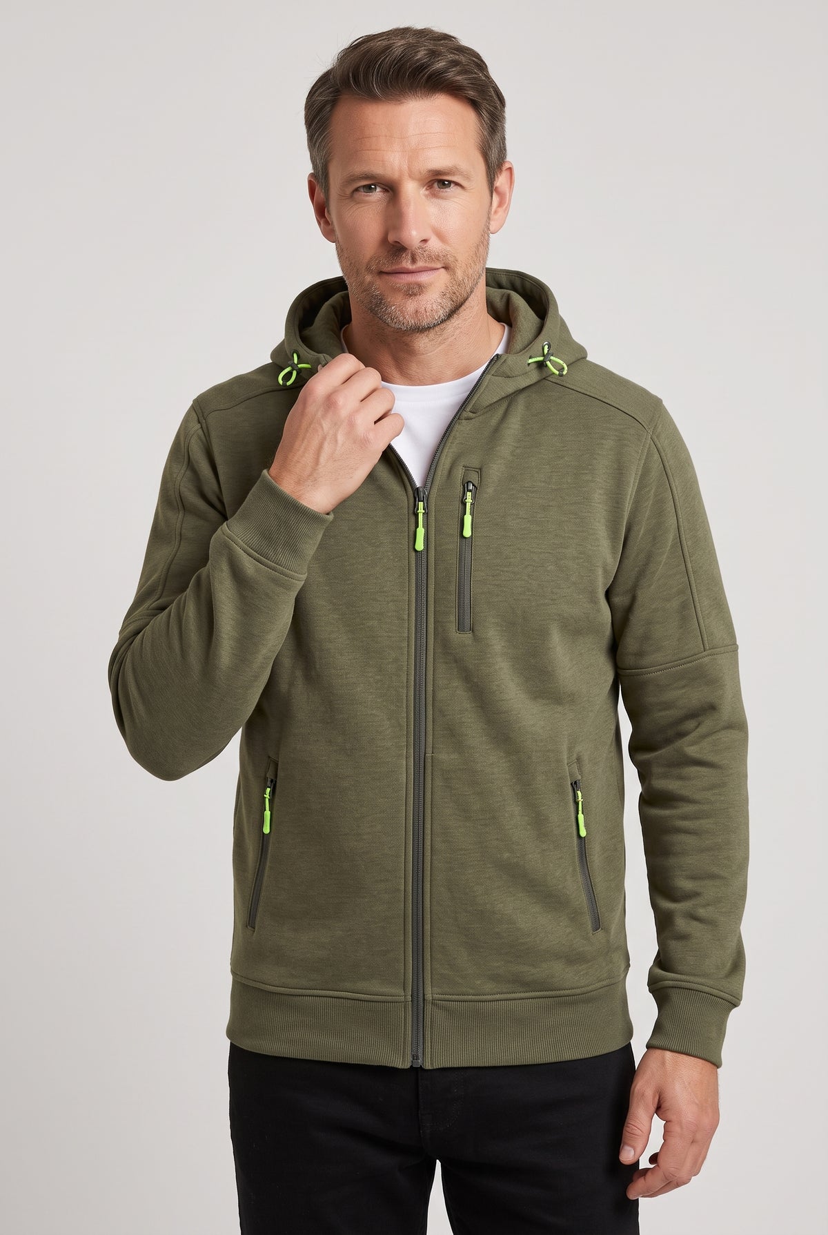 Men's Hoodie | Full Zip with Contrast Pocket Trims - Olive
