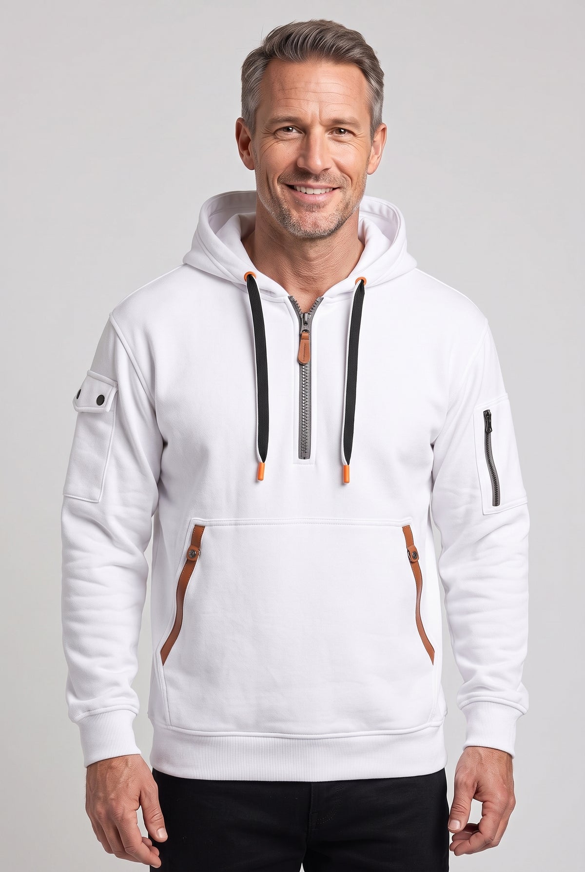 Men's Hoodie | Half Zip with Utility Pockets - White