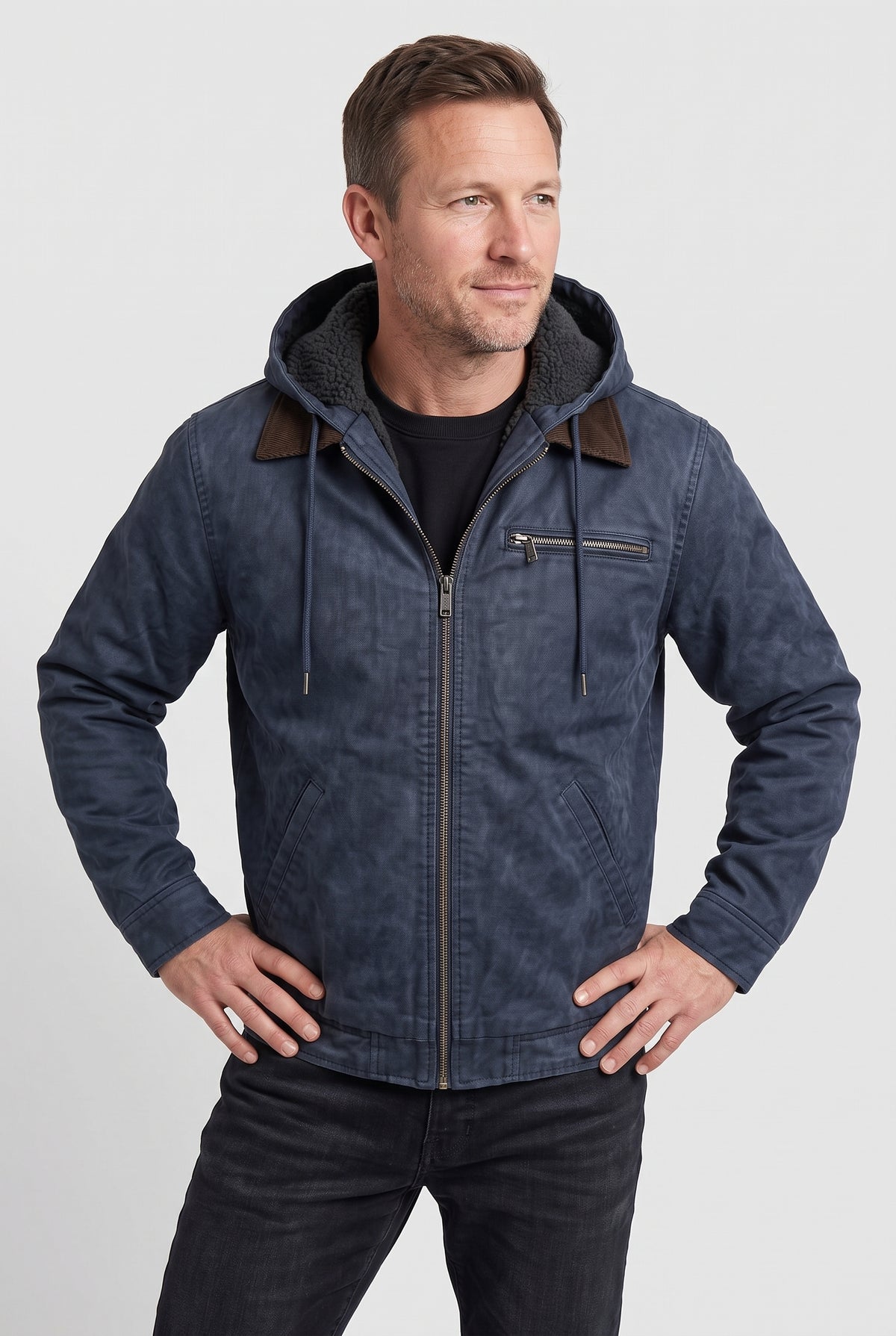 Men's Jacket | Canvas-Look Workwear with Fleece-Lined Hood - Blue