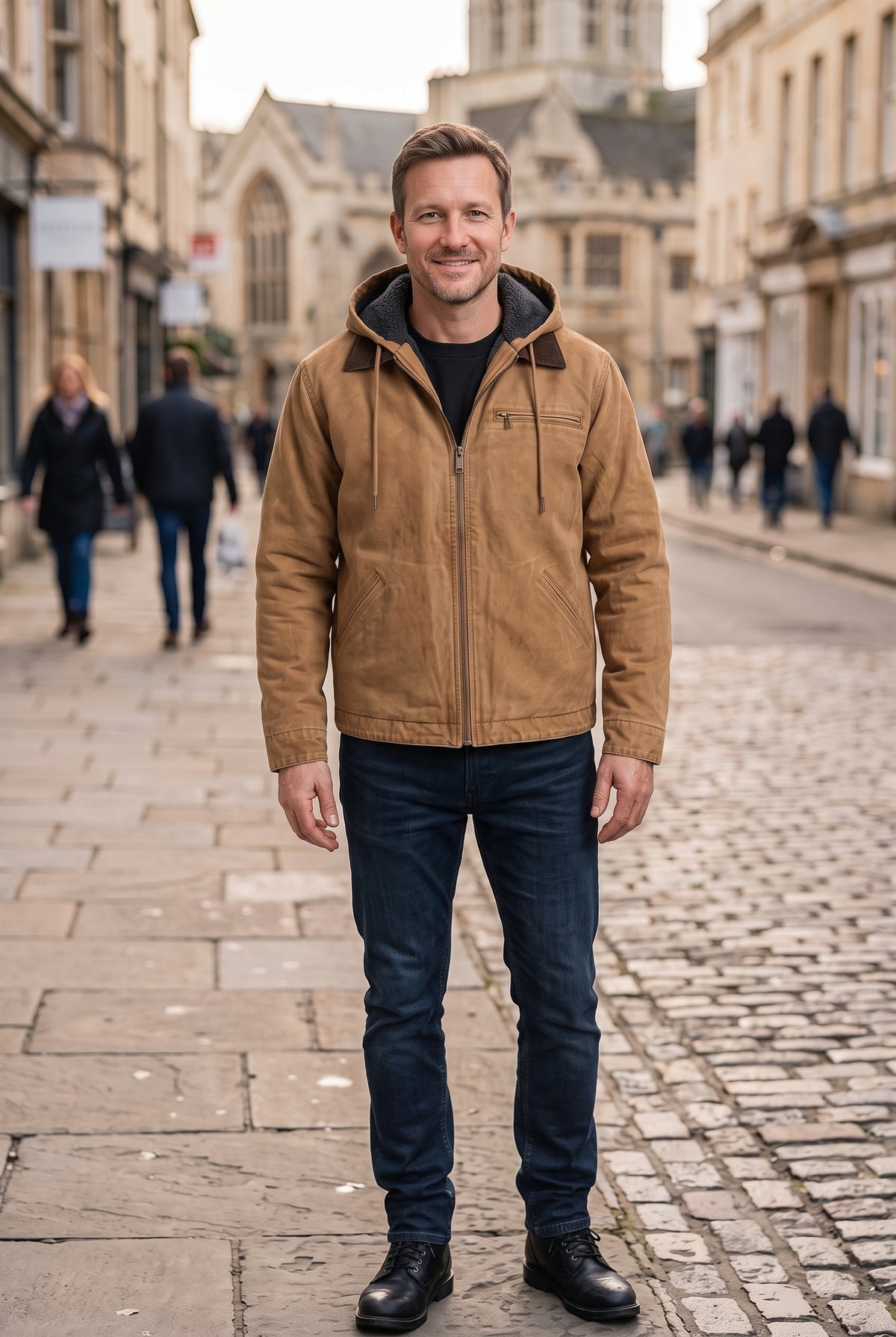 Men's Jacket | Canvas-Look Workwear with Fleece-Lined Hood - Brown lifestyle