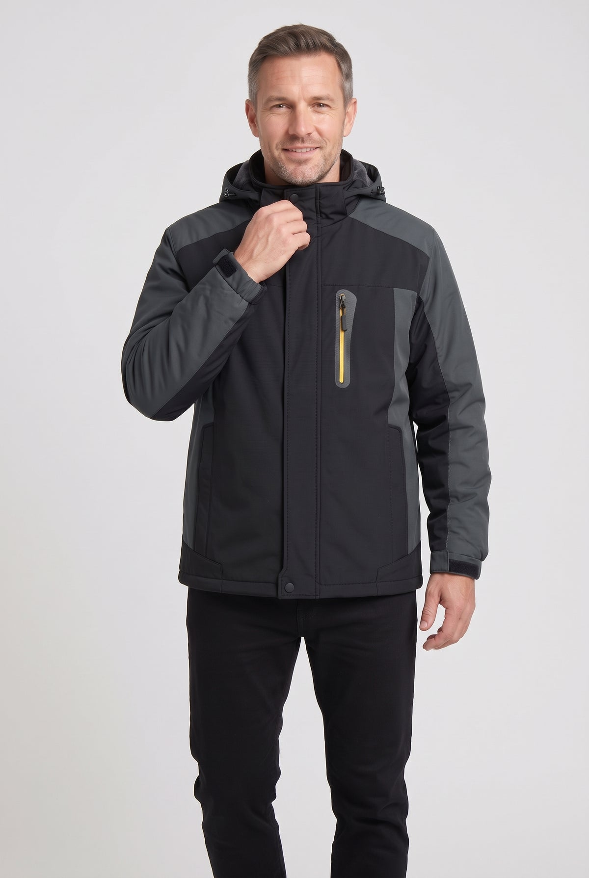 Men's Jacket | Fleece-Lined Hooded with Contrast Panels - Black