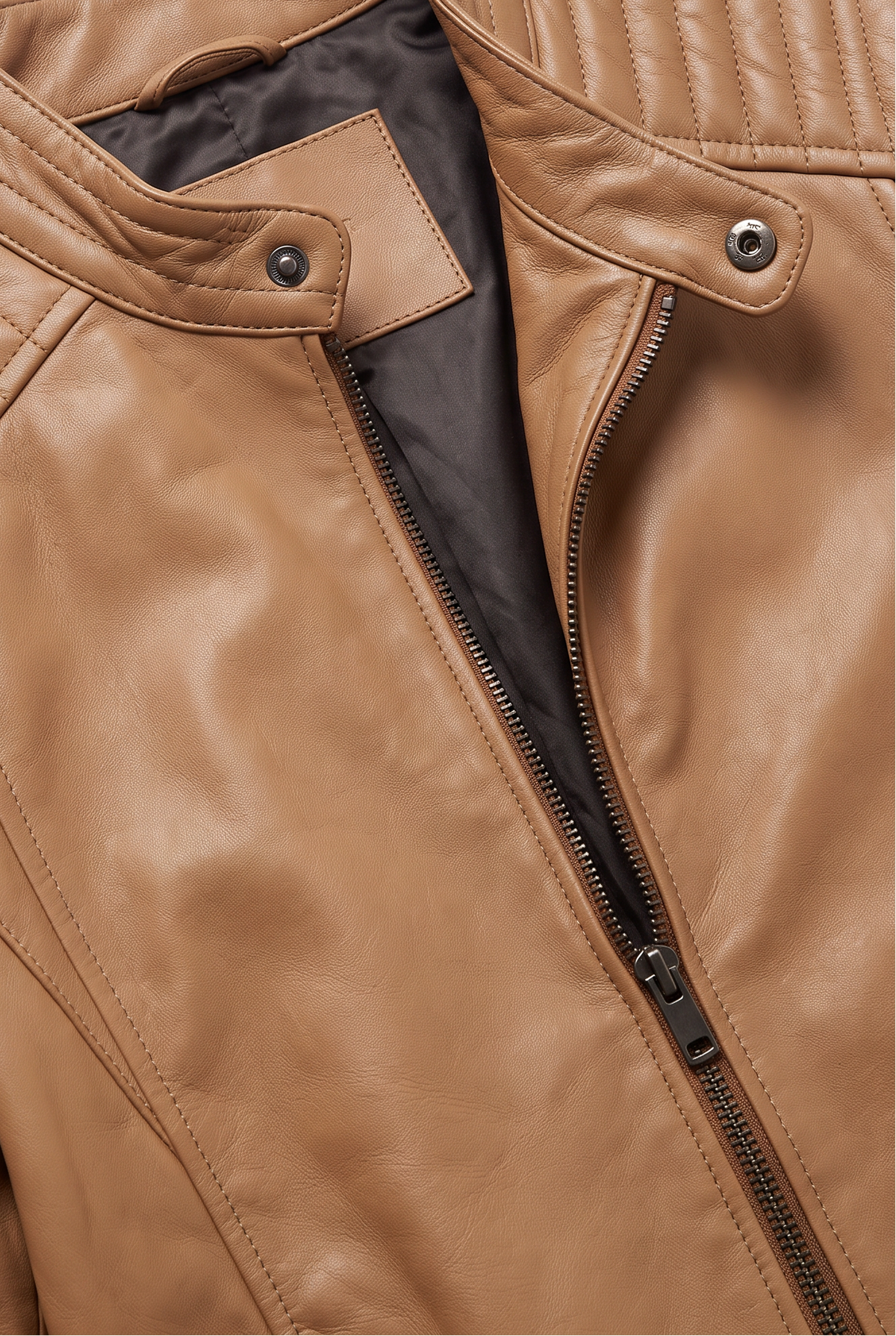 Men's Jacket | Leather-Look Biker with Ribbed Shoulders - Tan detail