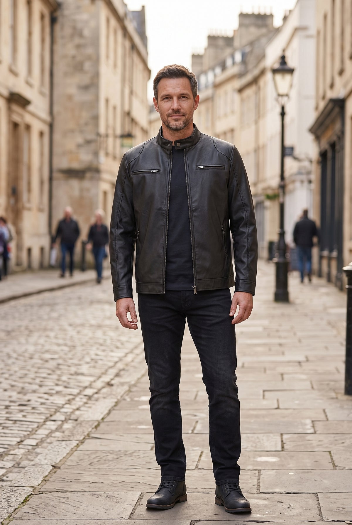 Men's Jacket | Leather-Look Biker with Zip Pockets - Black lifestyle