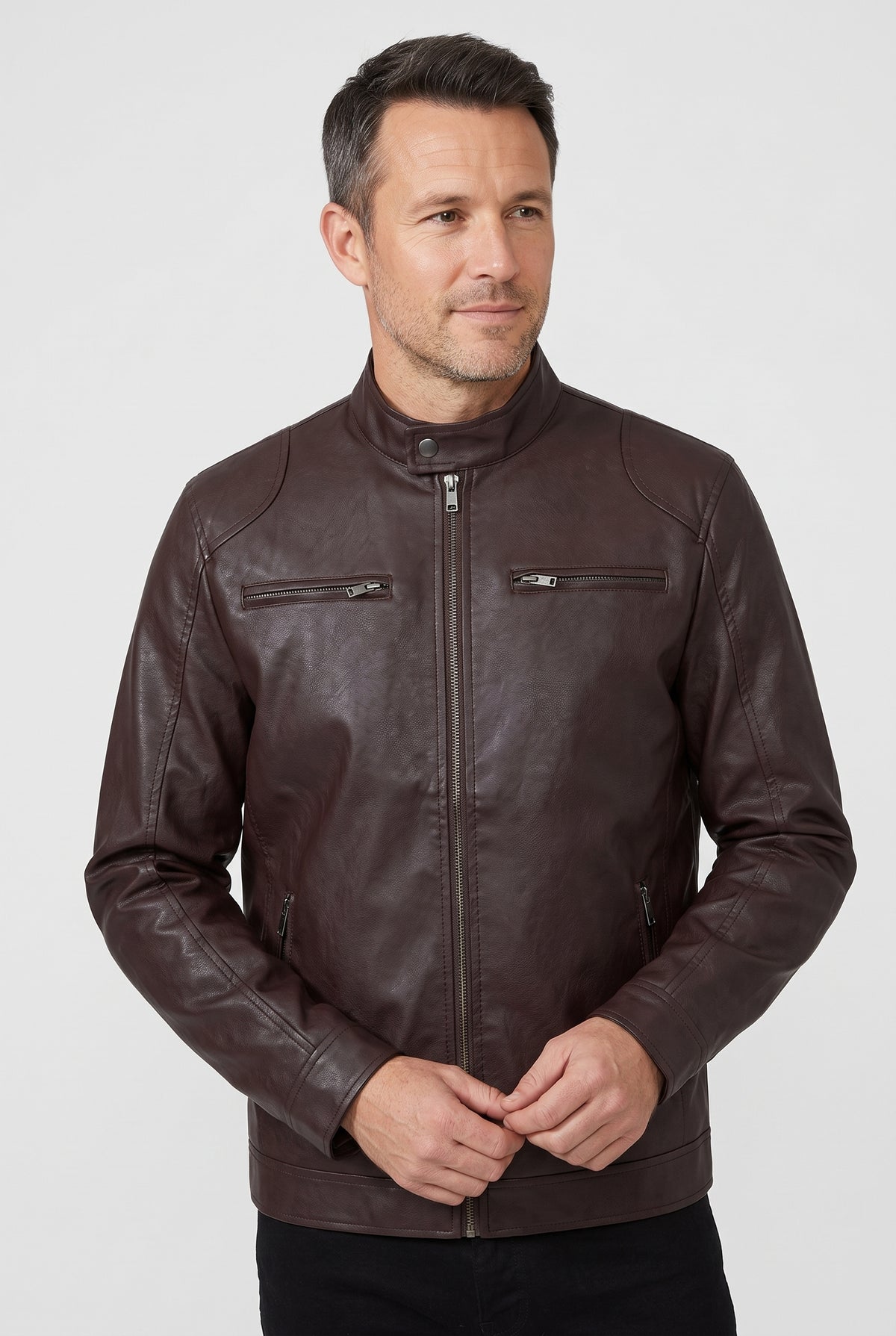 Men's Jacket | Leather-Look Biker with Zip Pockets - Dark Brown