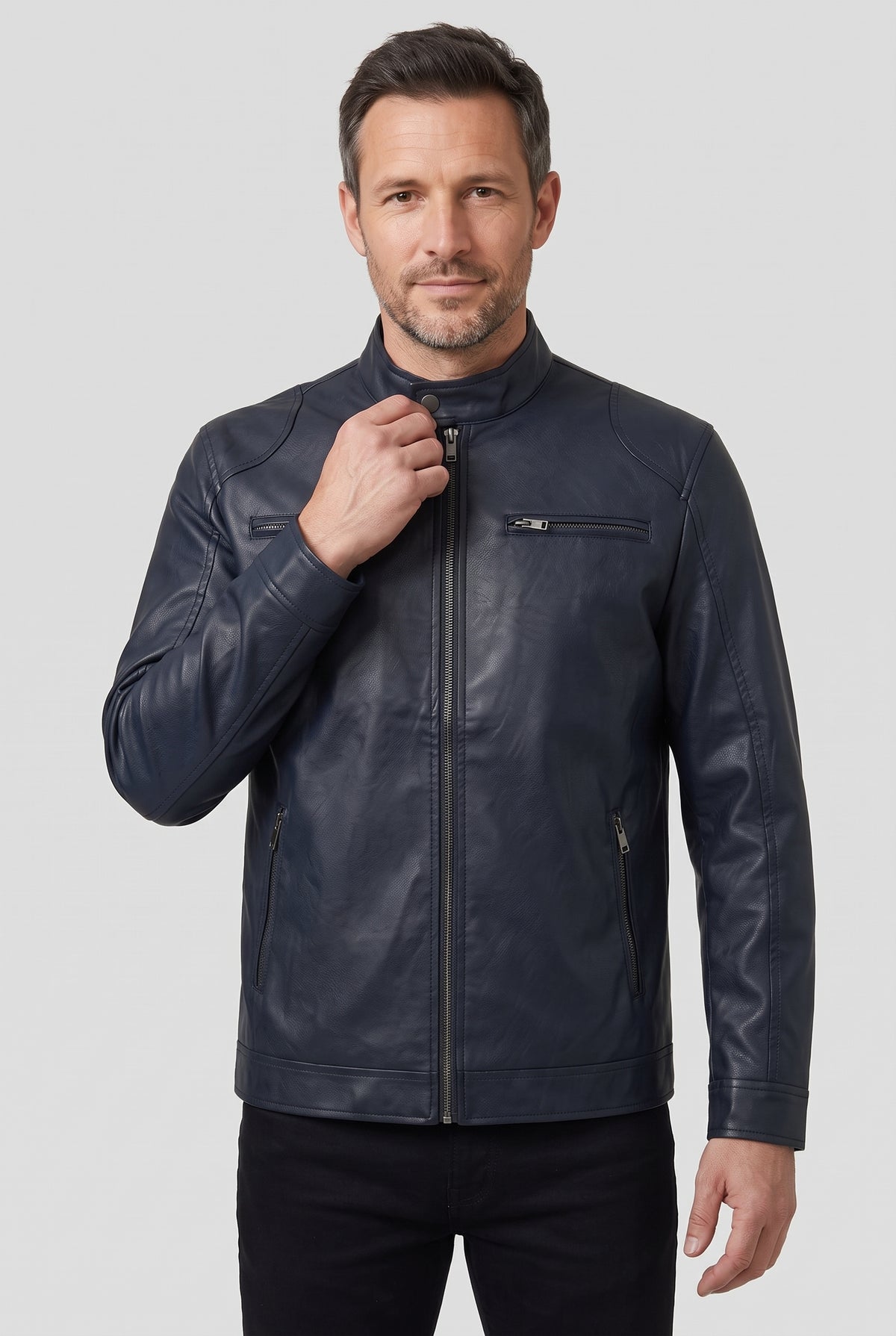 Men's Jacket | Leather-Look Biker with Zip Pockets - Navy