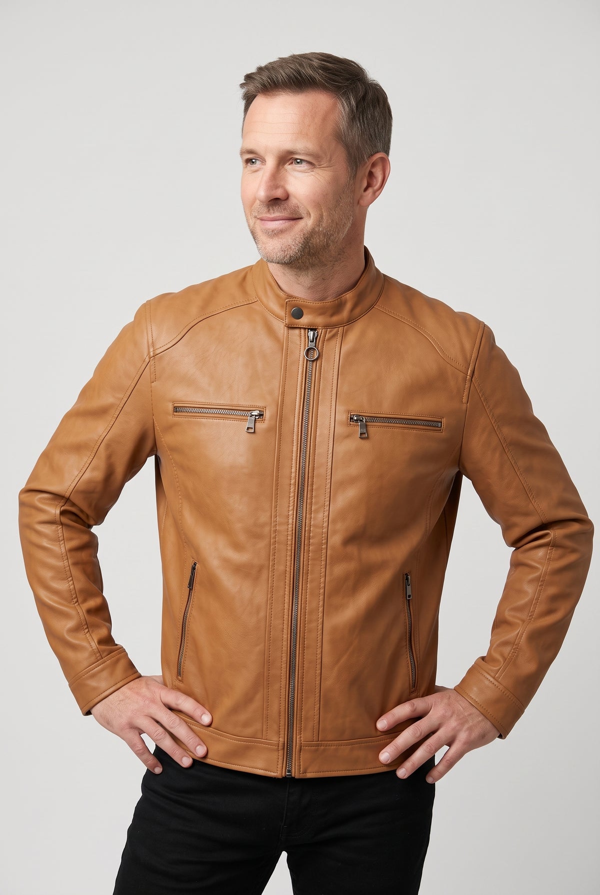 Men's Jacket | Leather-Look Biker with Zip Pockets - Tan