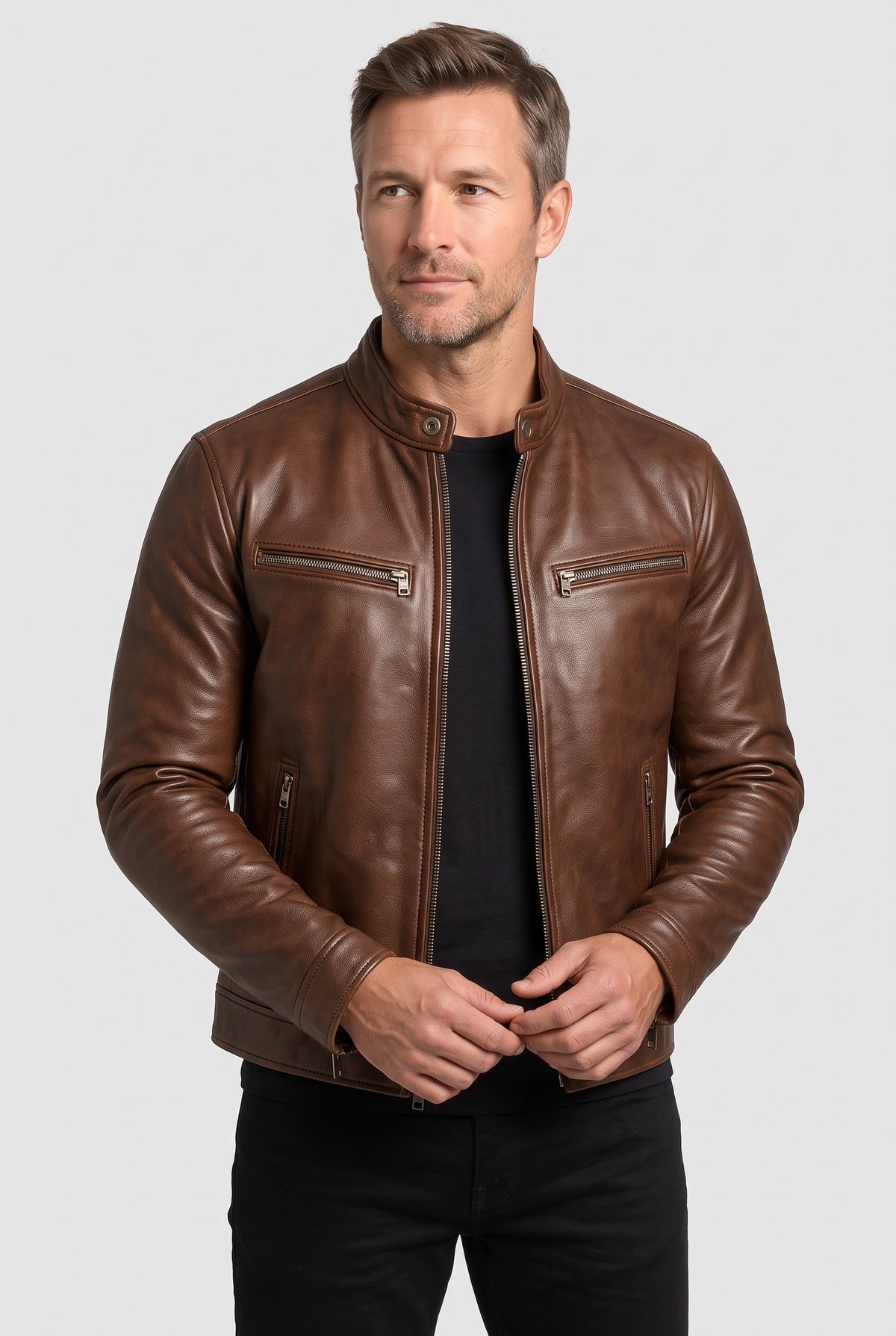Men's Jacket | Leather-Look Racer with Stand Collar - Brown