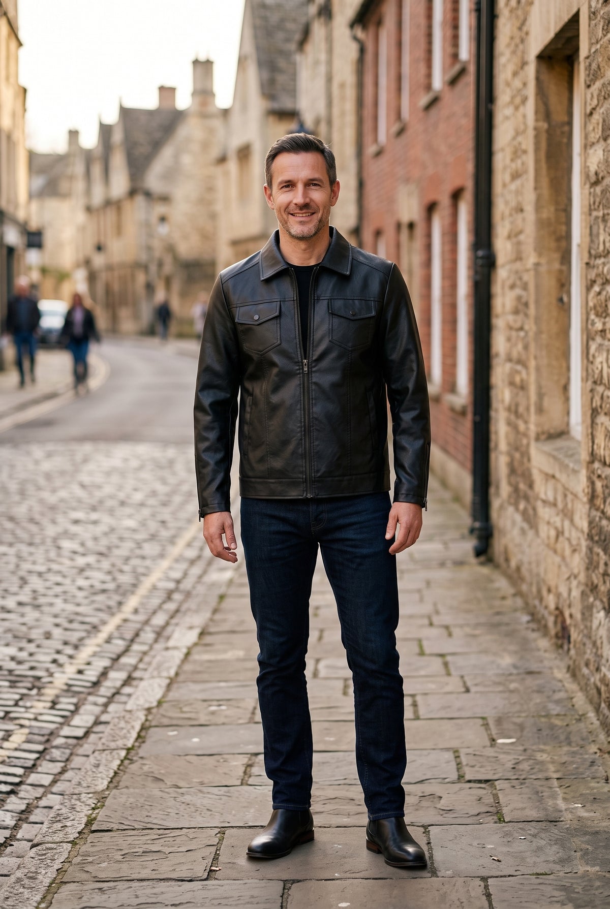 Men's Jacket | Leather-Look with Shirt Collar and Flap Pockets - Black lifestyle