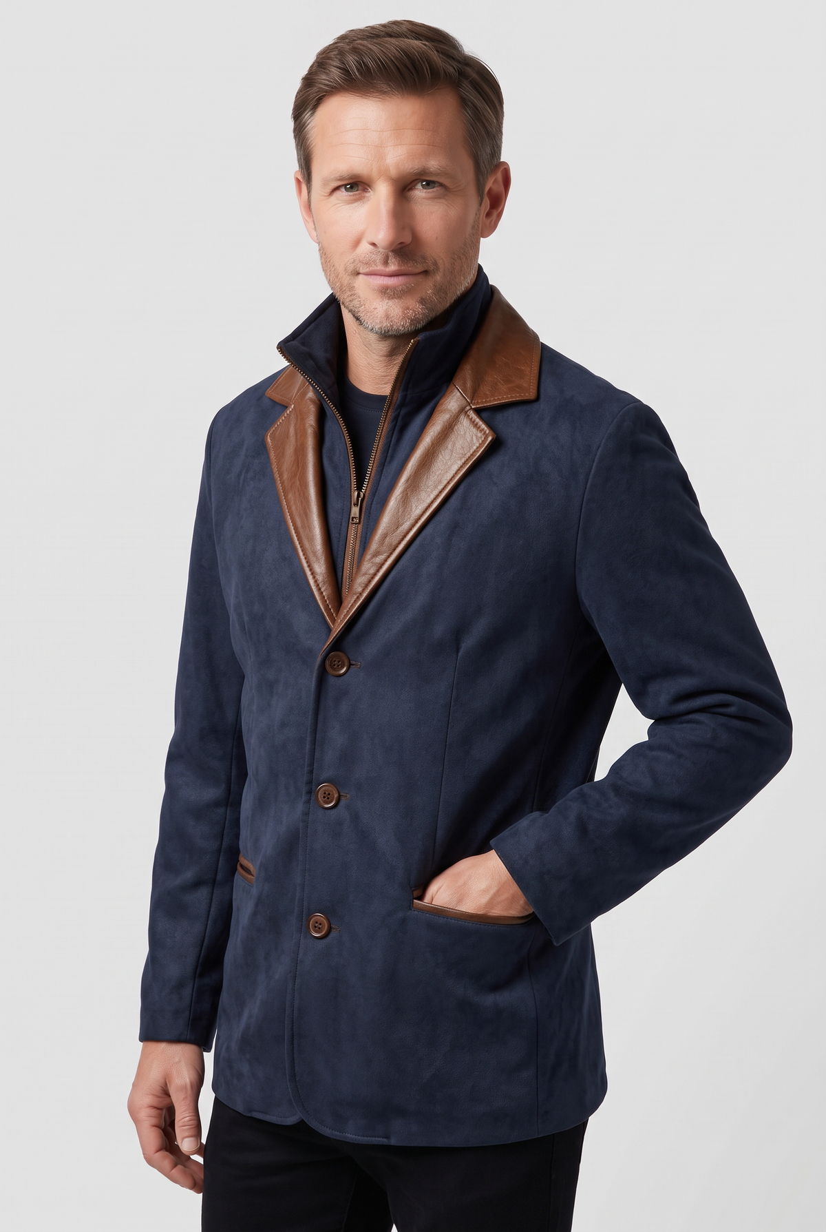 Men's Jacket | Suede-Look Blazer with Contrast Collar - Navy