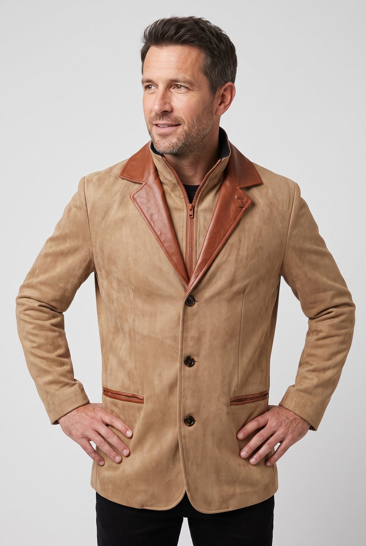 Men's Jacket | Suede-Look Blazer with Contrast Collar - Tan