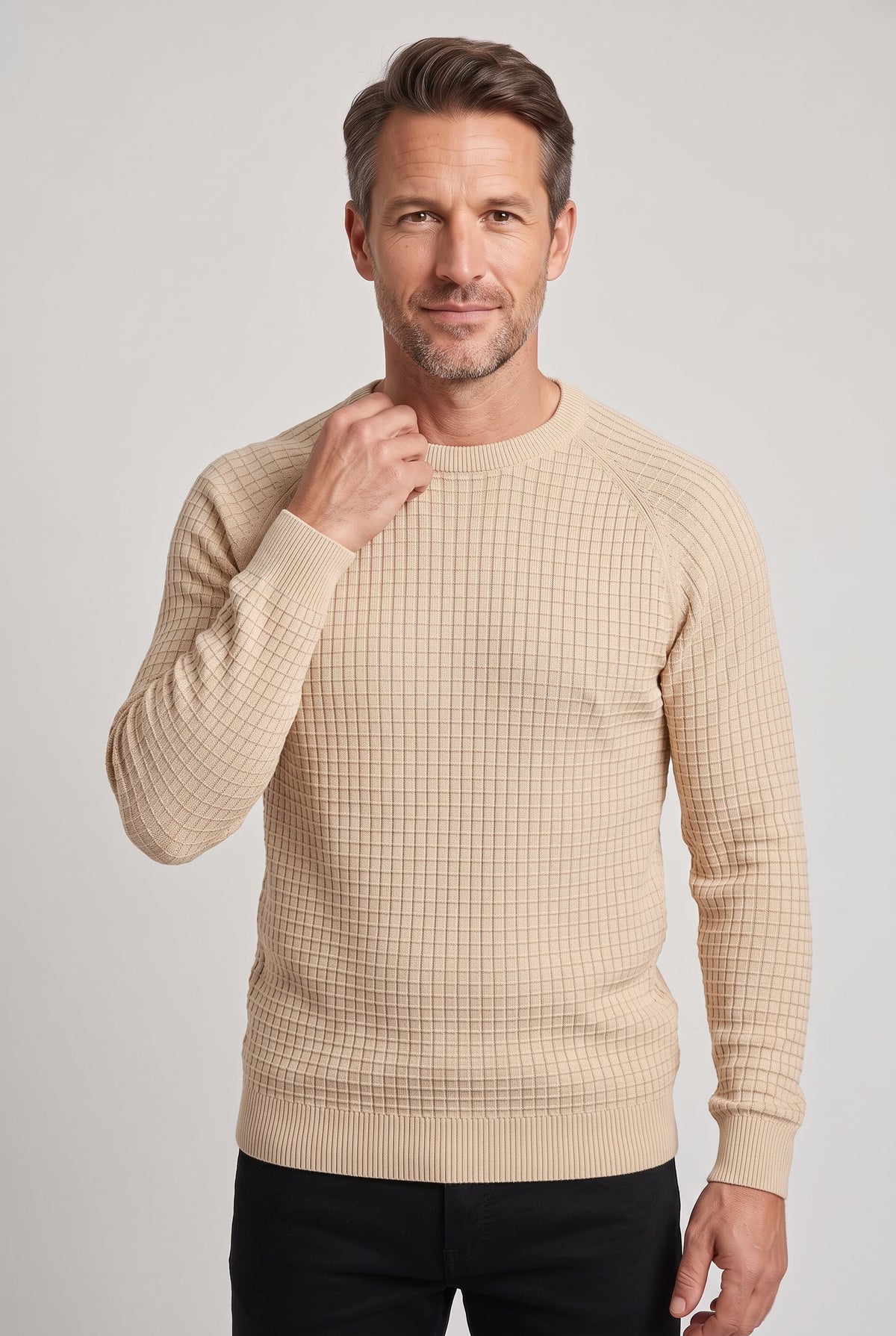 Men's Knitted Jumper | Waffle Texture Crew Neck - Beige