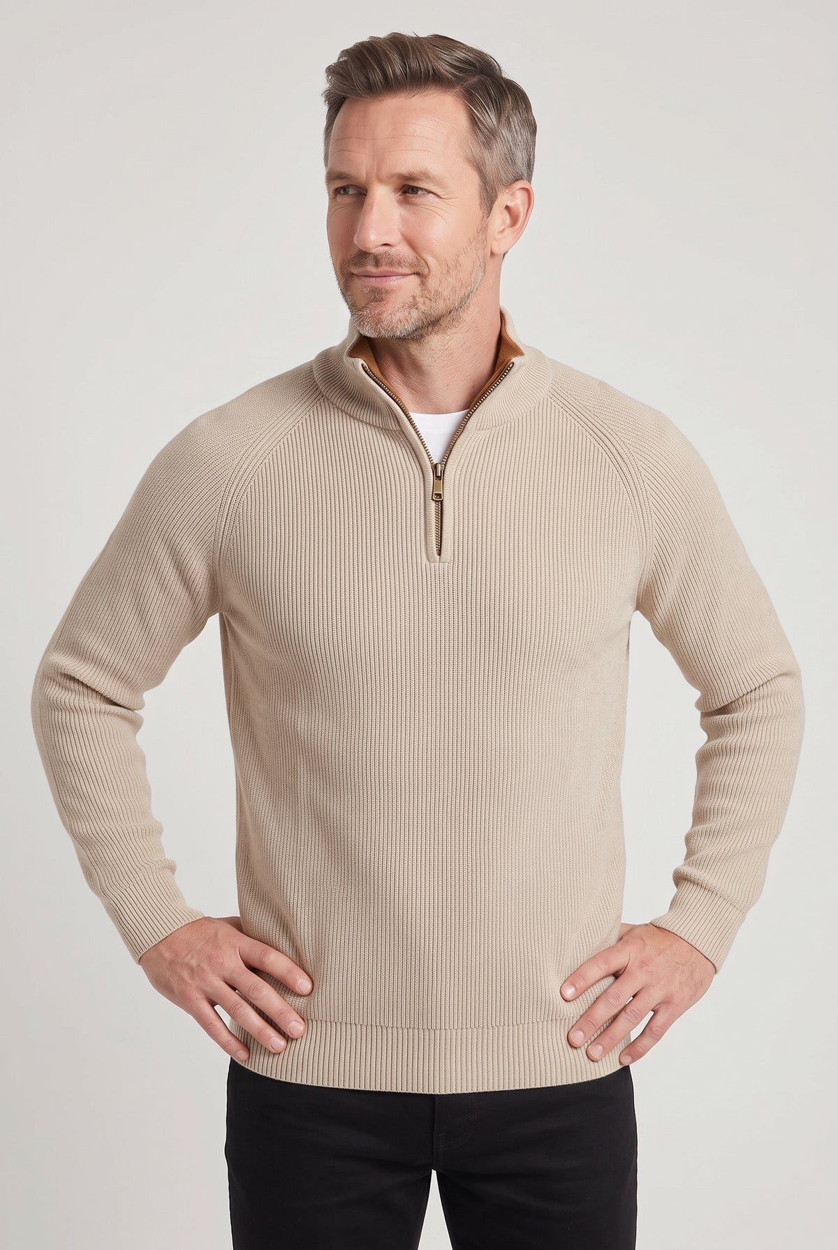 Men's Quarter Zip Jumper | Ribbed Knit with Raglan Sleeves - Beige