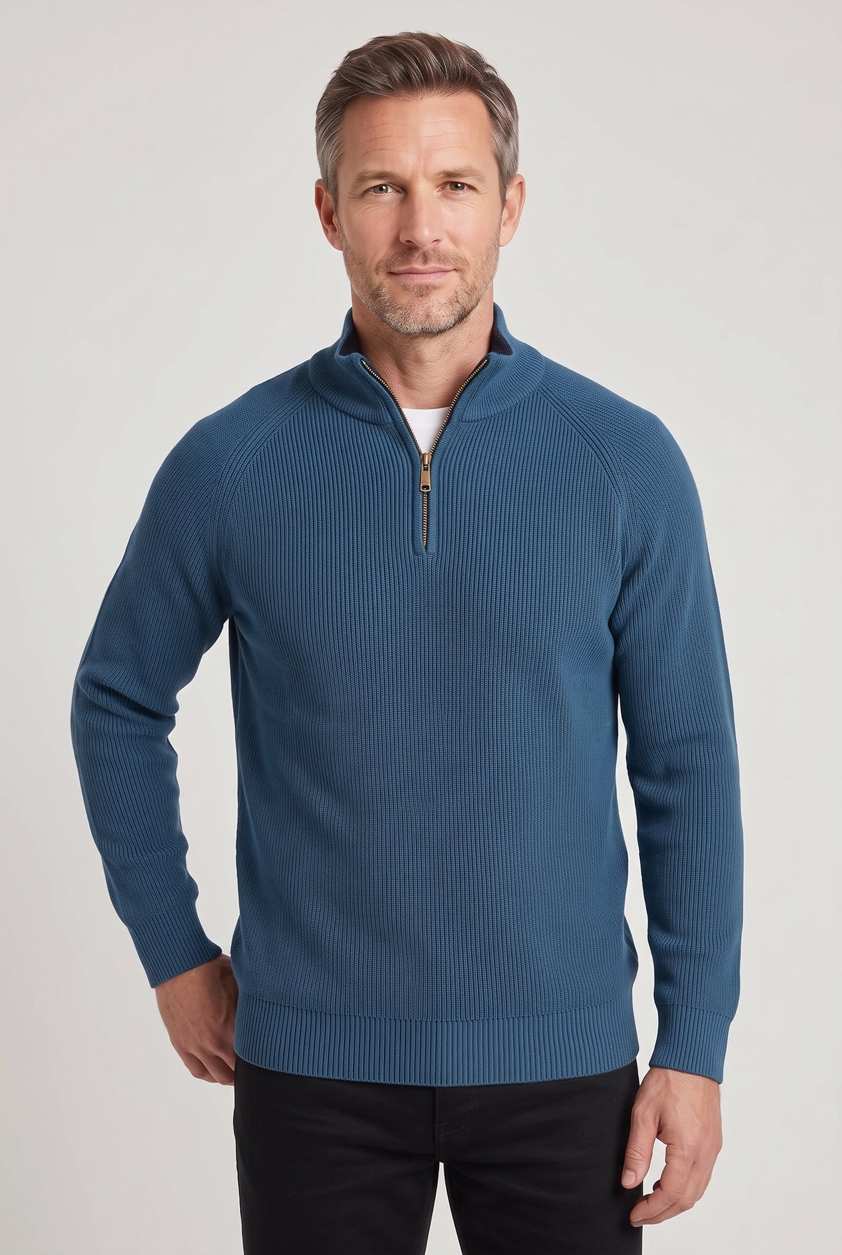 Men's Quarter Zip Jumper | Ribbed Knit with Raglan Sleeves - Blue