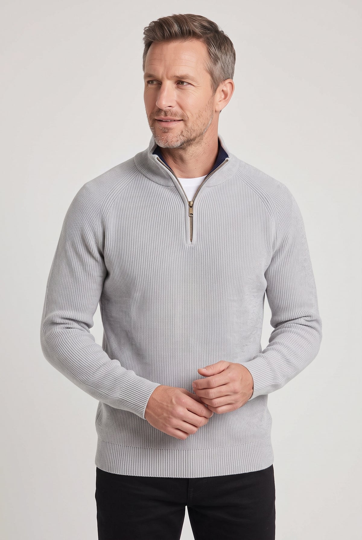 Men's Quarter Zip Jumper | Ribbed Knit with Raglan Sleeves - Light Grey