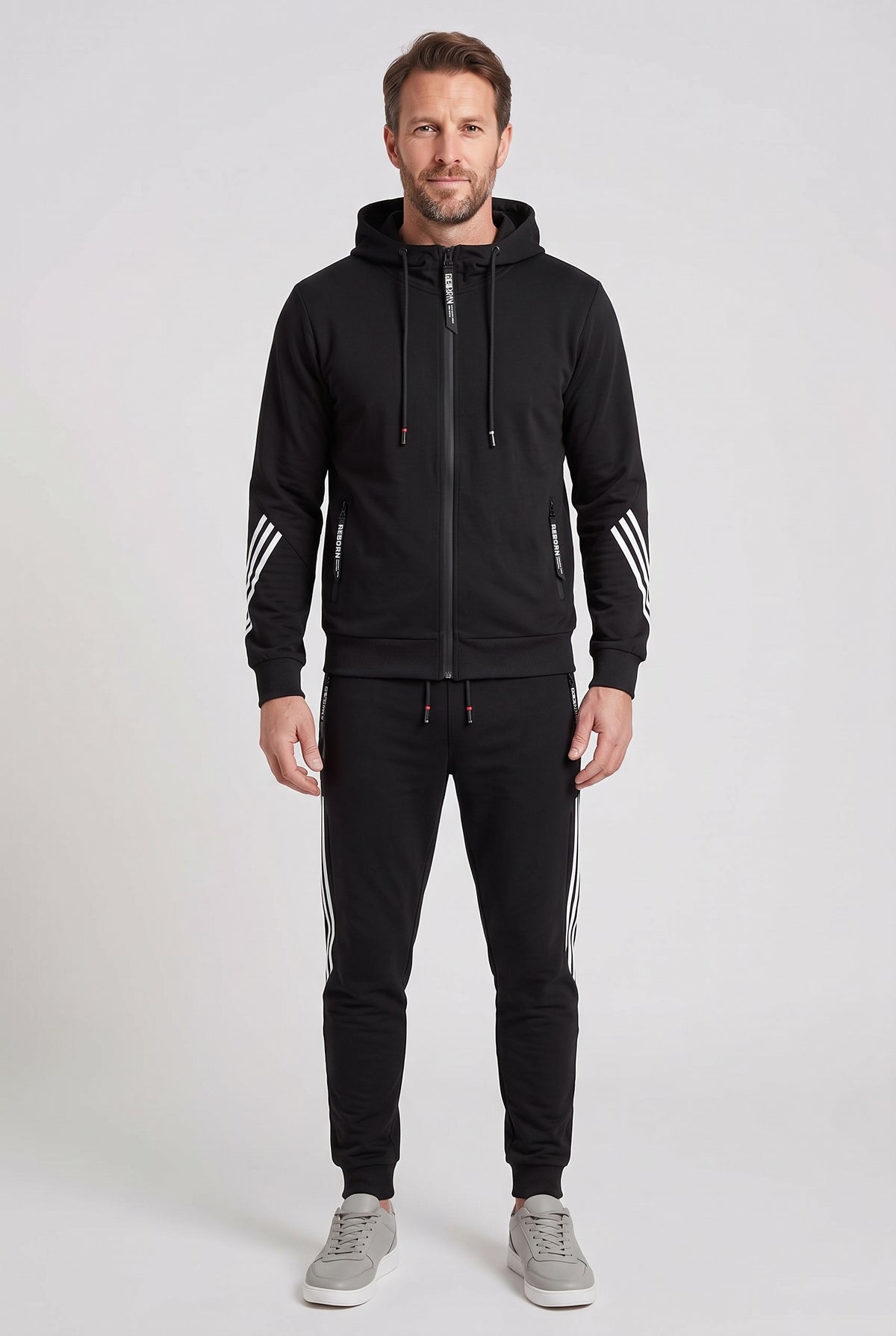 Men's Tracksuit | Hooded Zip-Up with Stripe Sleeve Detail - Black