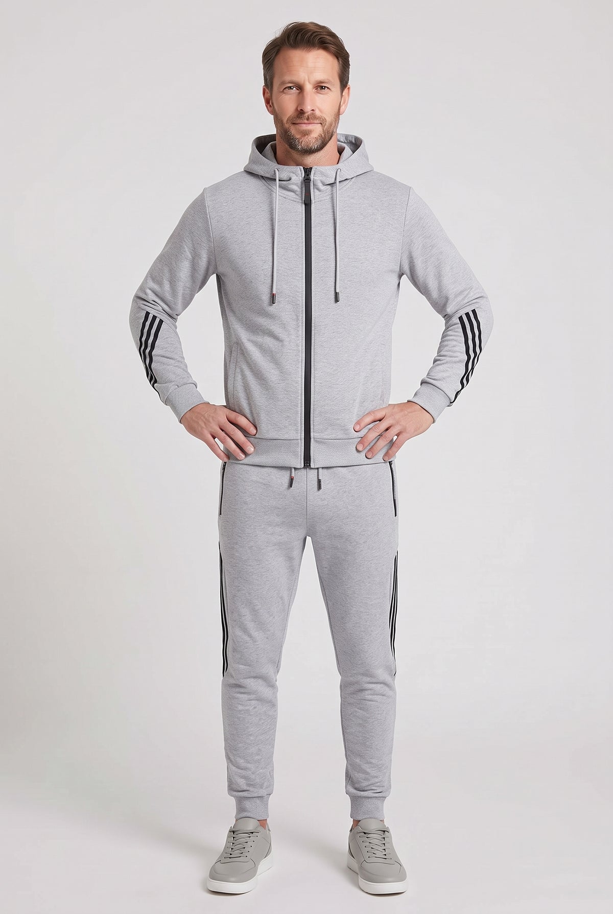 Men's Tracksuit | Hooded Zip-Up with Stripe Sleeve Detail - Light Grey