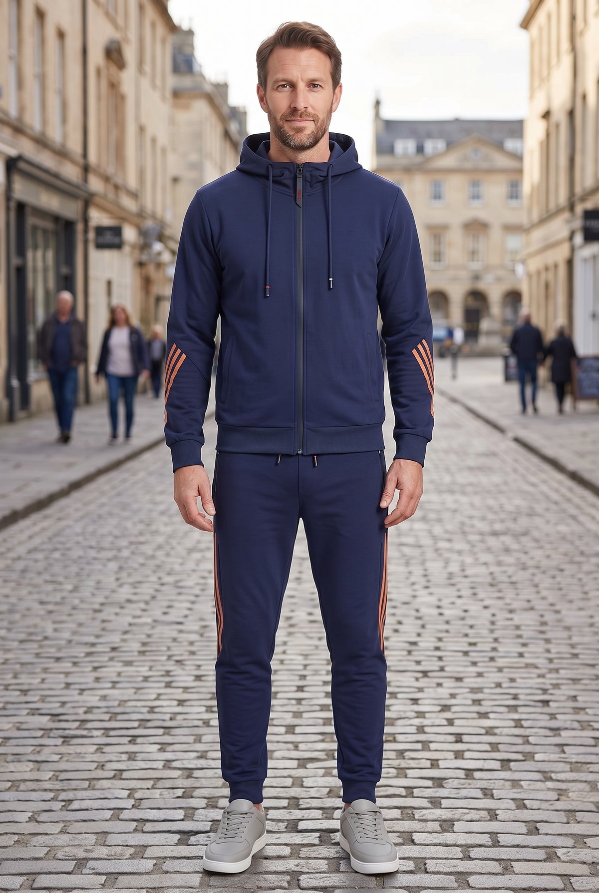 Men's Tracksuit | Hooded Zip-Up with Stripe Sleeve Detail - Navy lifestyle