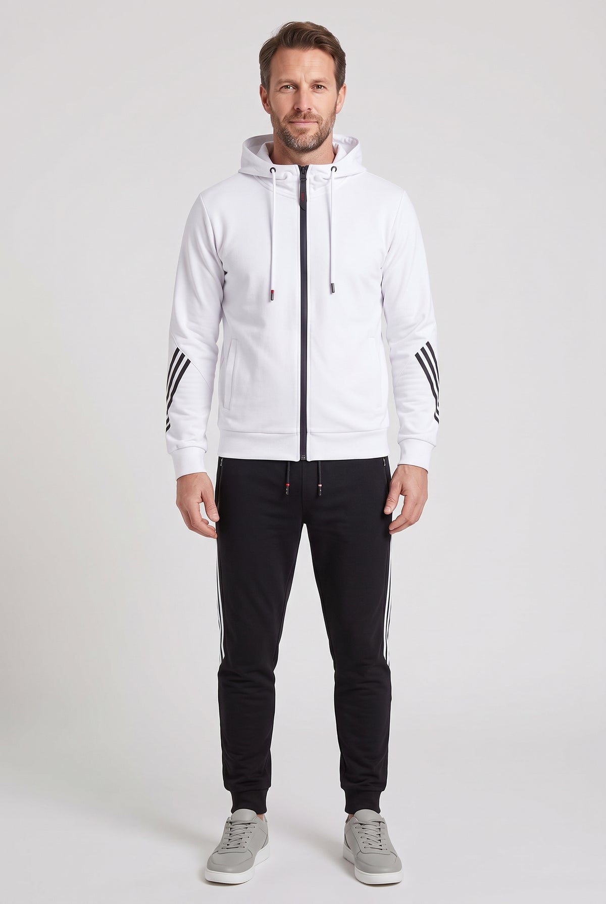 Men's Tracksuit | Hooded Zip-Up with Stripe Sleeve Detail - White