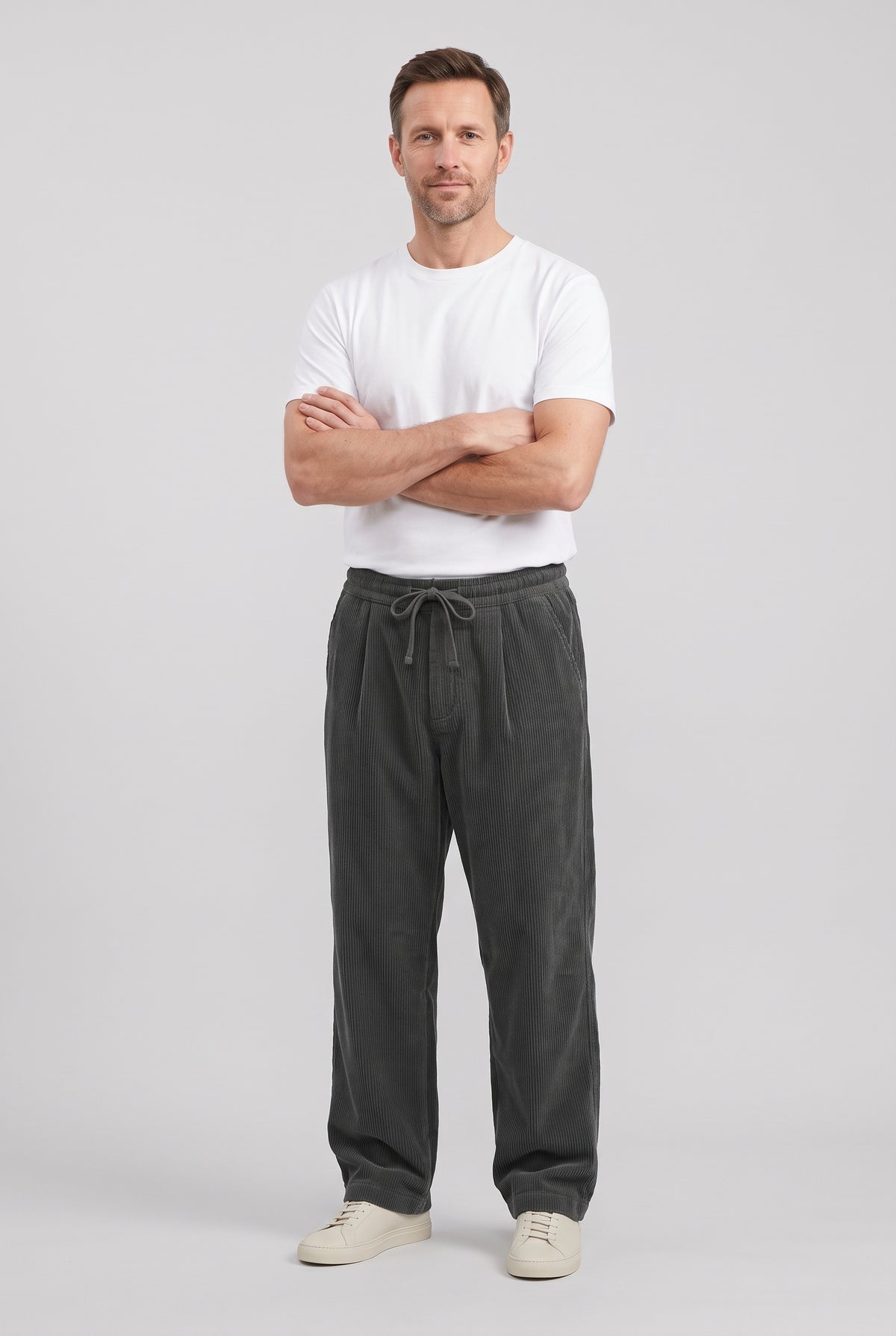Men's Trousers | Wide Leg Corduroy with Drawstring - Dark Grey