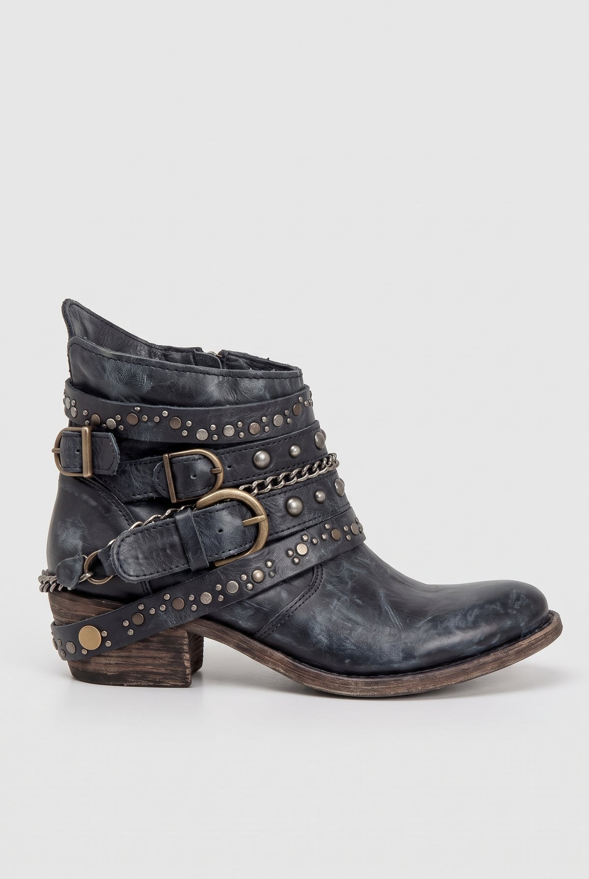 Women's Ankle Boots | Buckle Strap Biker with Chain Detail - Blue