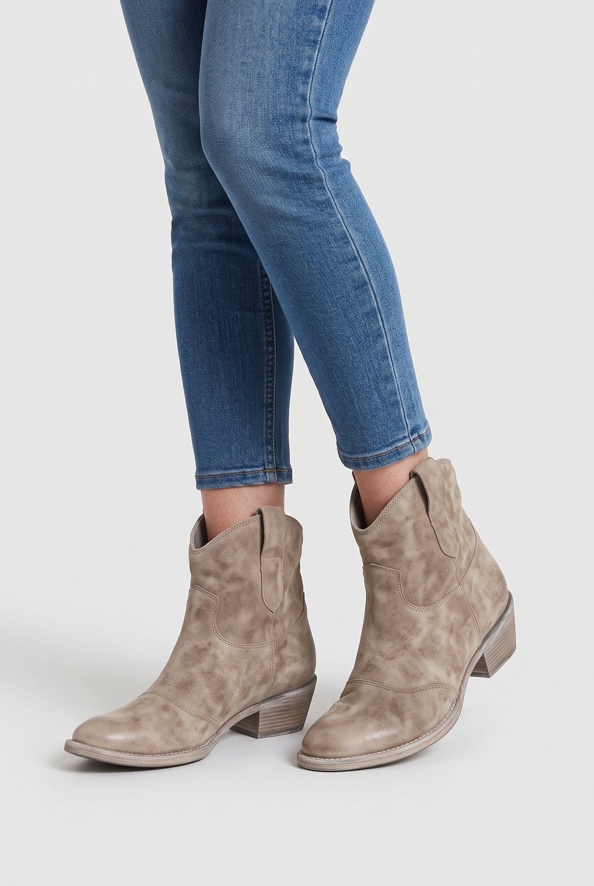 Women's Ankle Boots | Suede-Look Western with Pull Tabs - Taupe worn