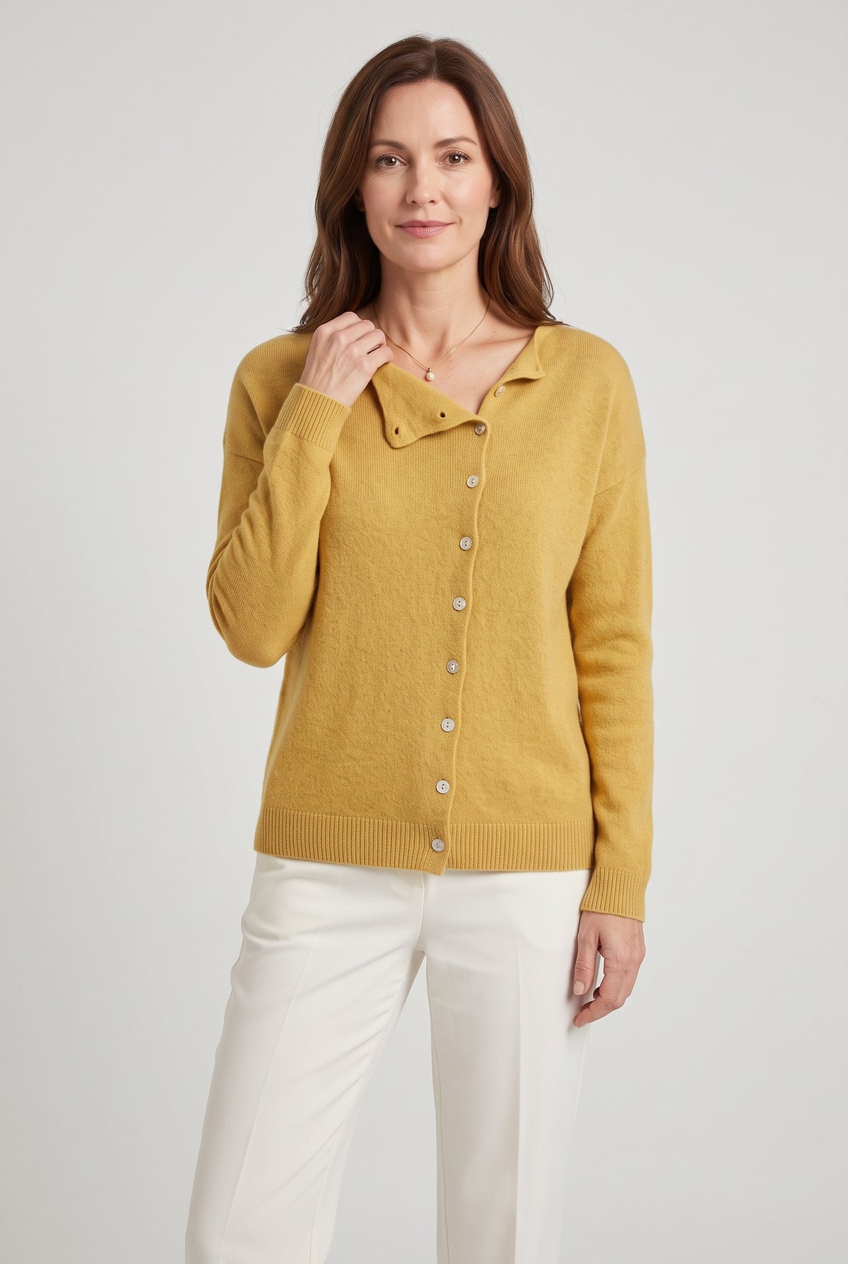 Women's Cardigan | Asymmetric Button Fine Knit - Yellow