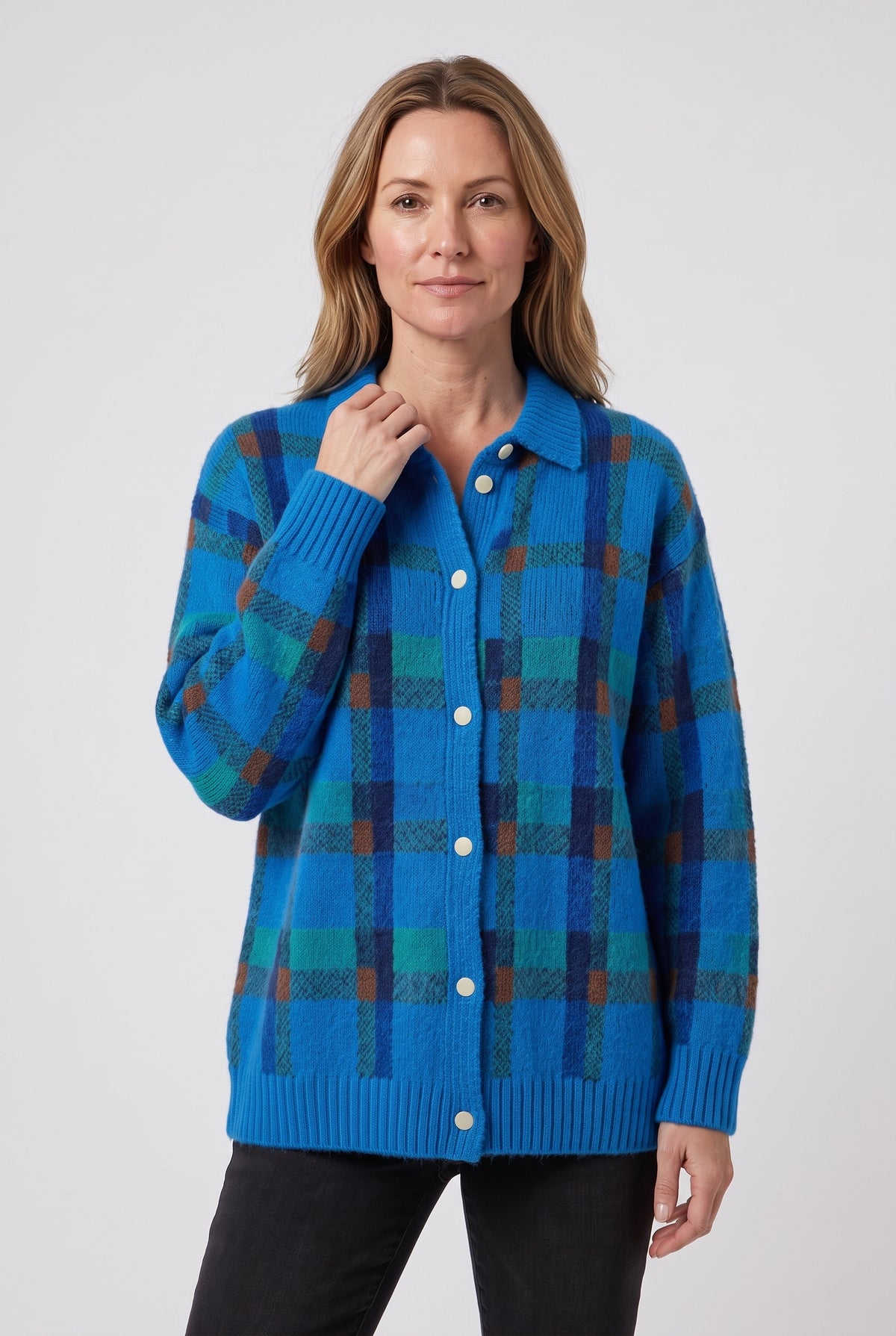 Women's Cardigan | Checked Knit with Shirt Collar - Blue