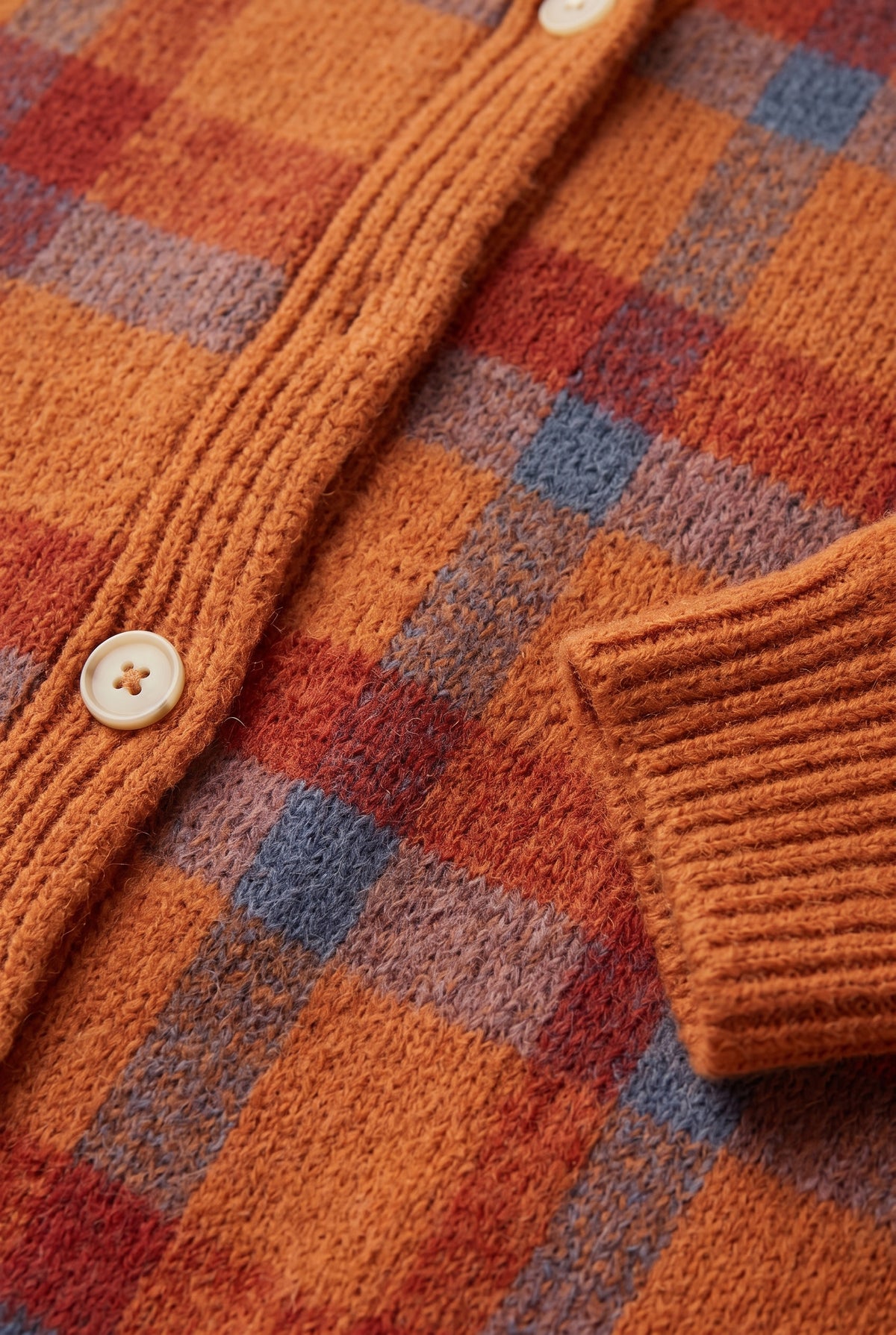 Women's Cardigan | Checked Knit with Shirt Collar - Orange detail