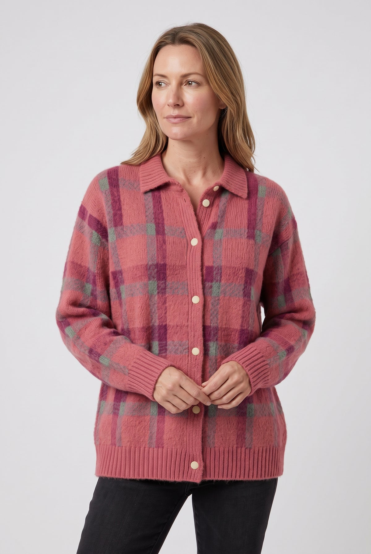 Women's Cardigan | Checked Knit with Shirt Collar - Pink