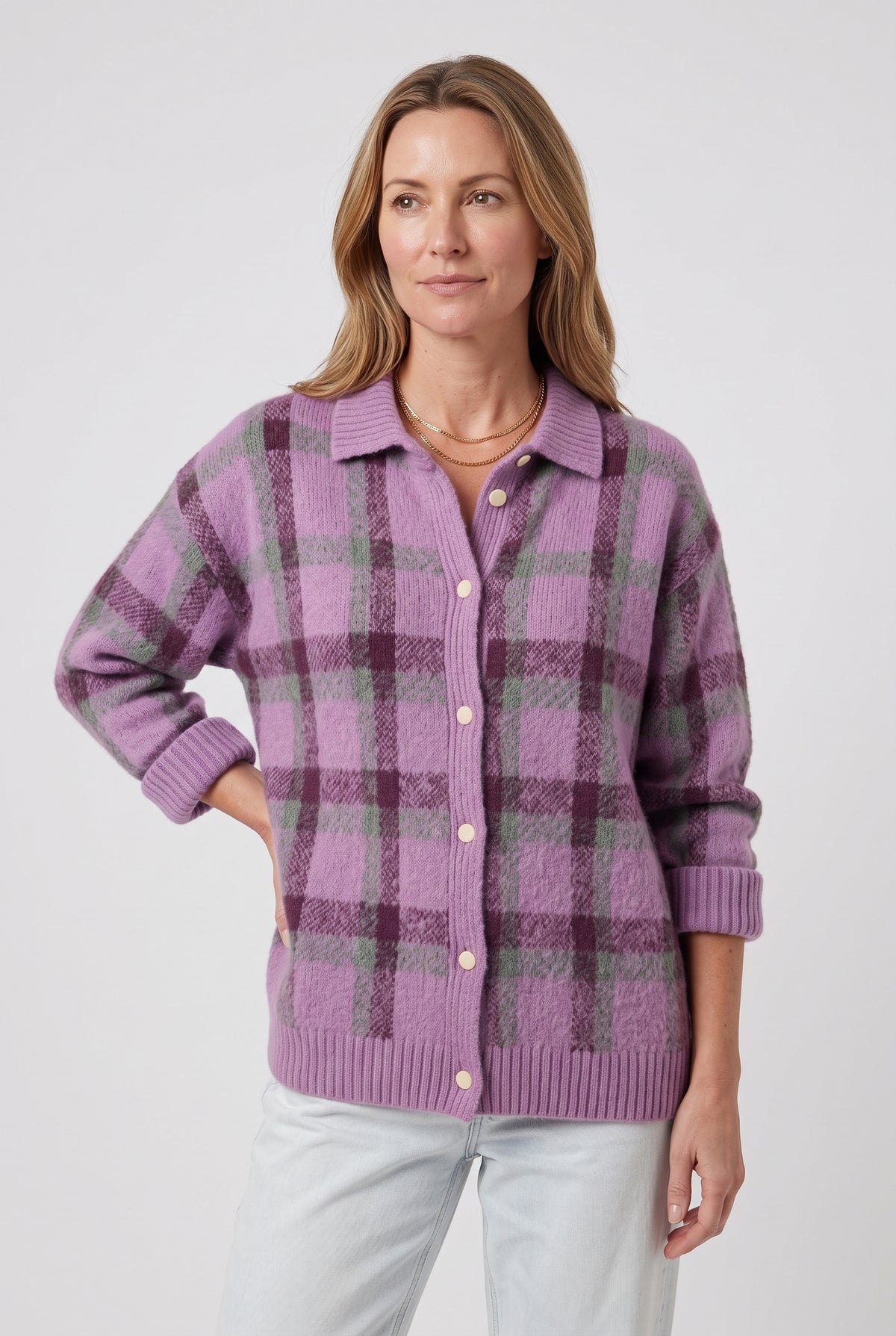 Women's Cardigan | Checked Knit with Shirt Collar - Purple