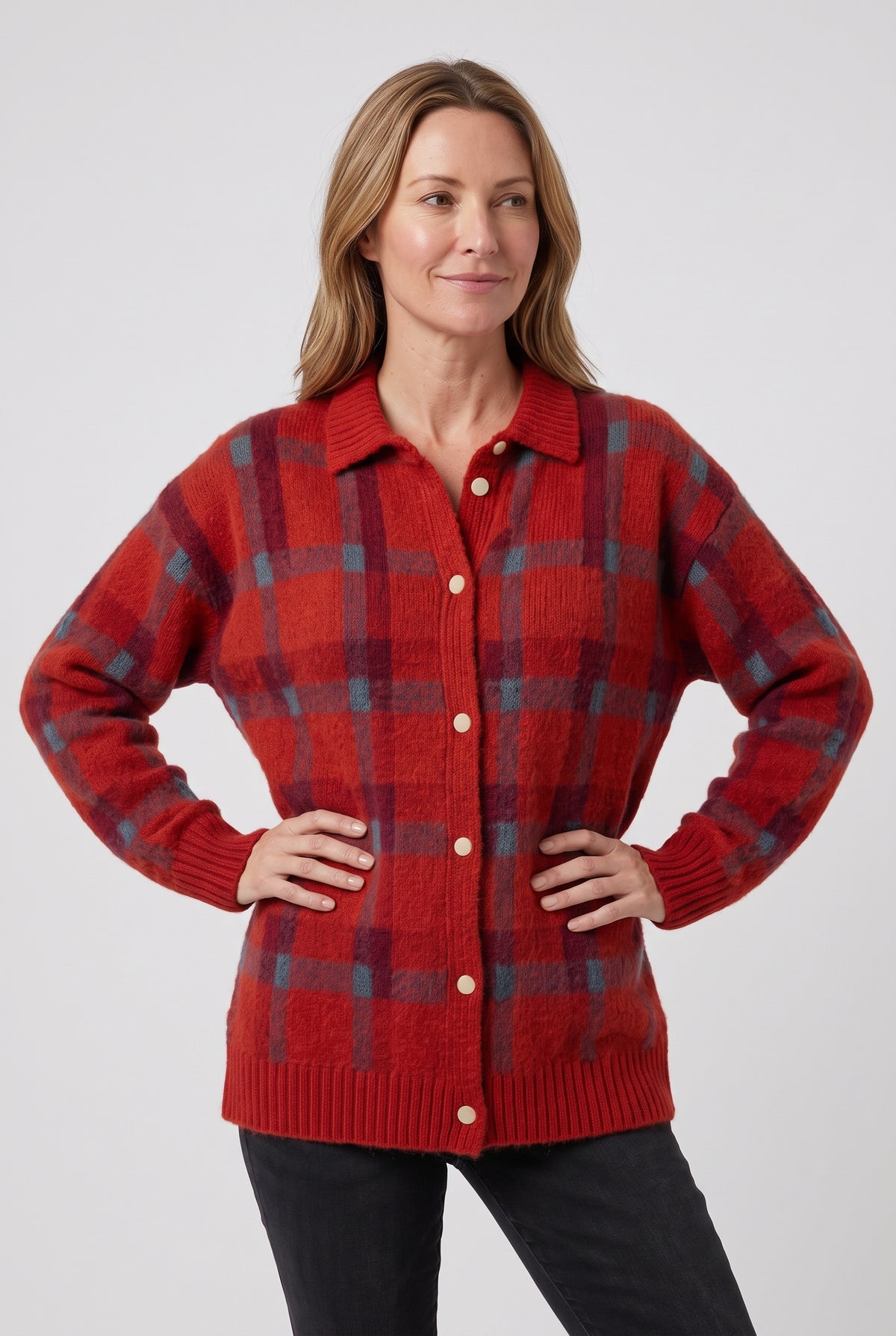 Women's Cardigan | Checked Knit with Shirt Collar - Red