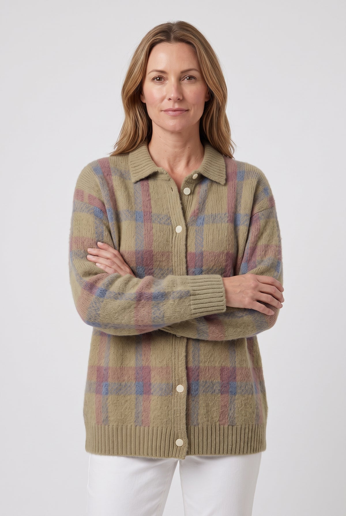 Women's Cardigan | Checked Knit with Shirt Collar - Taupe