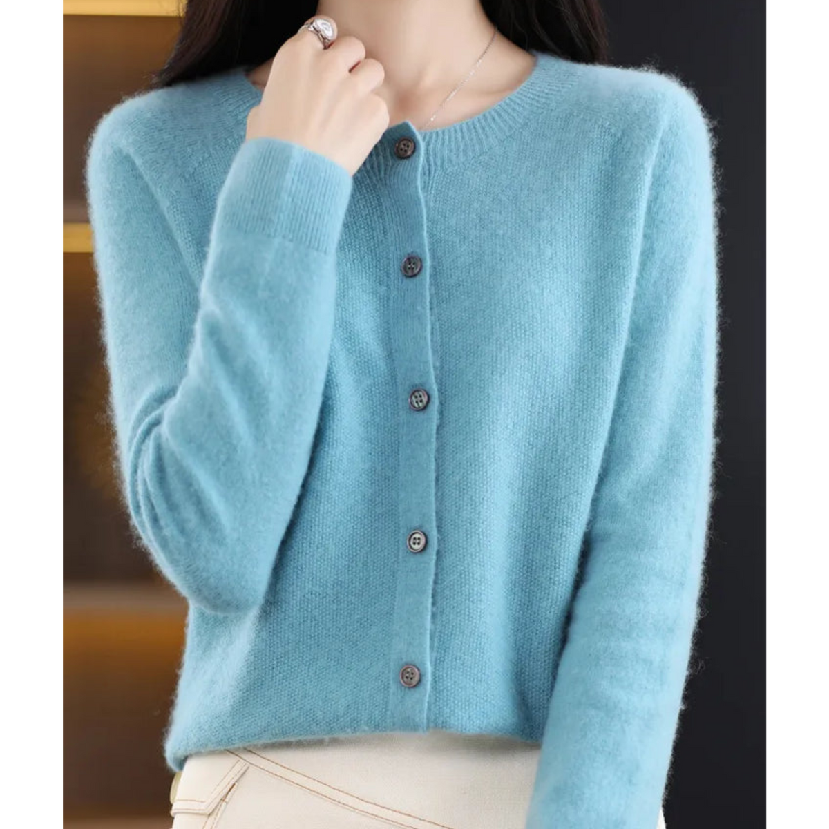Women's Cardigan | Crew Neck Soft Knit Button-Up - Aqua Blue